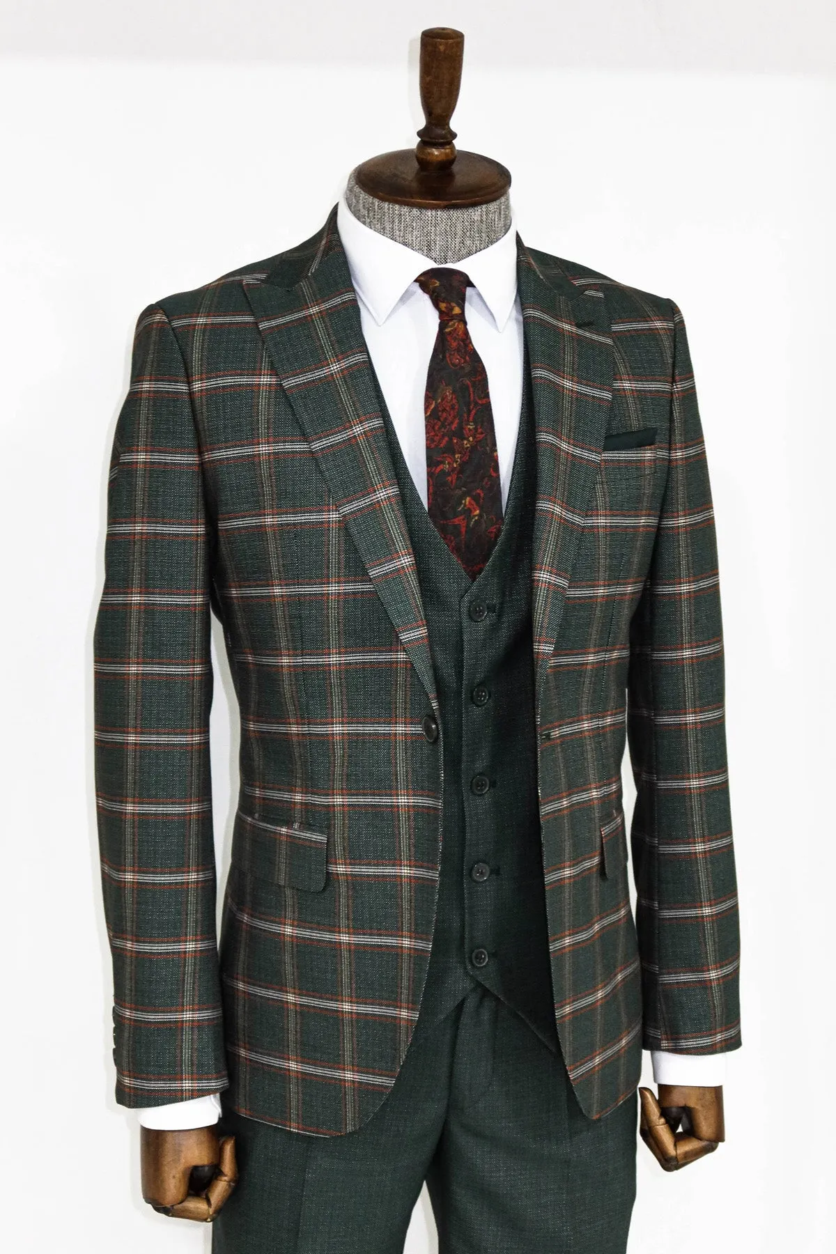 Checked Patterned Green Slim Fit Suit - Wessi