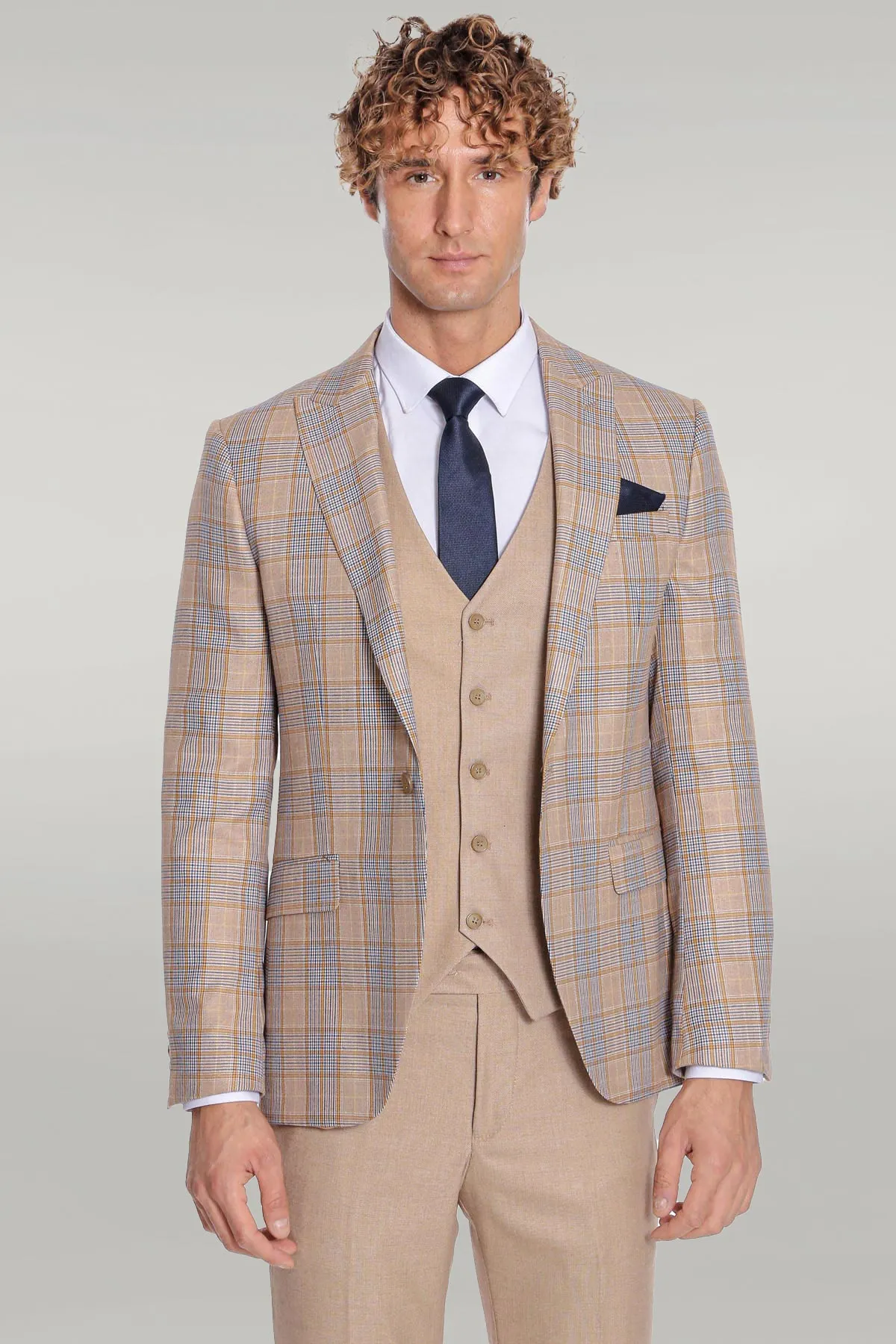 Checked Slim Fit Beige Men Suit - Wessi