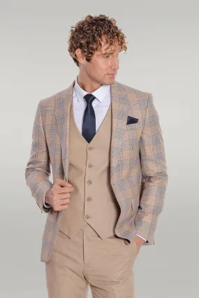 Checked Slim Fit Beige Men Suit - Wessi