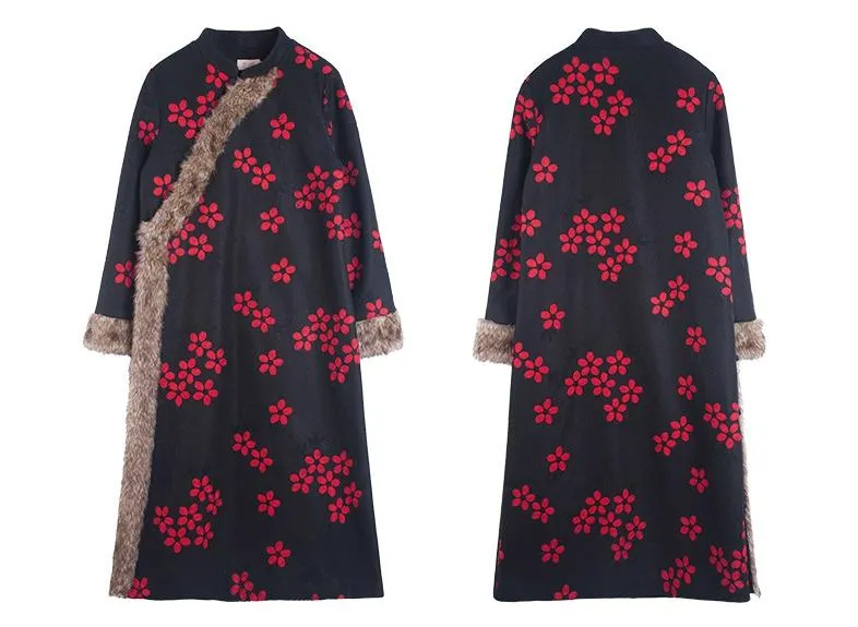 Chinese National Style Vintage Floral Long Woolen Outwear Coat