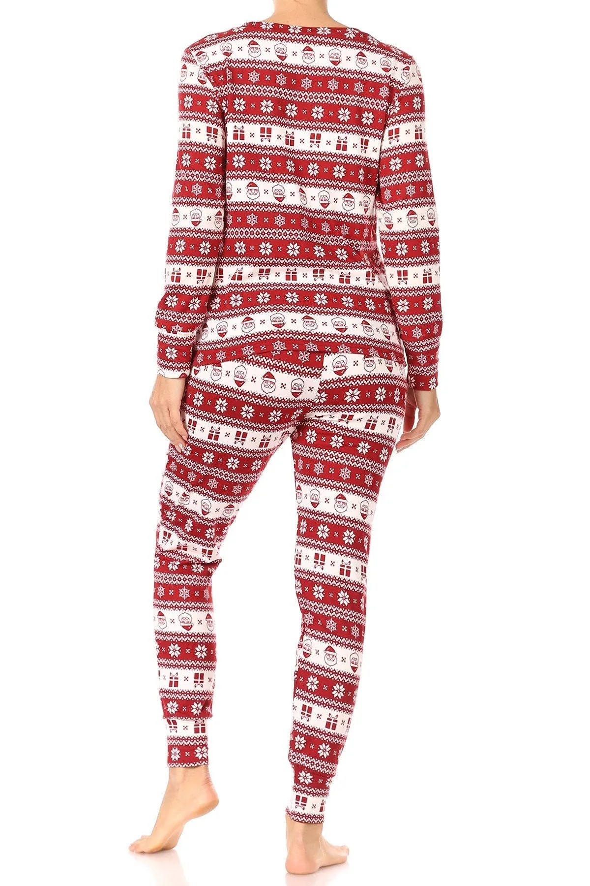 Christmas Fair Isle Santa Fleece Lined Lounge Pajama Set Pants and Shirt