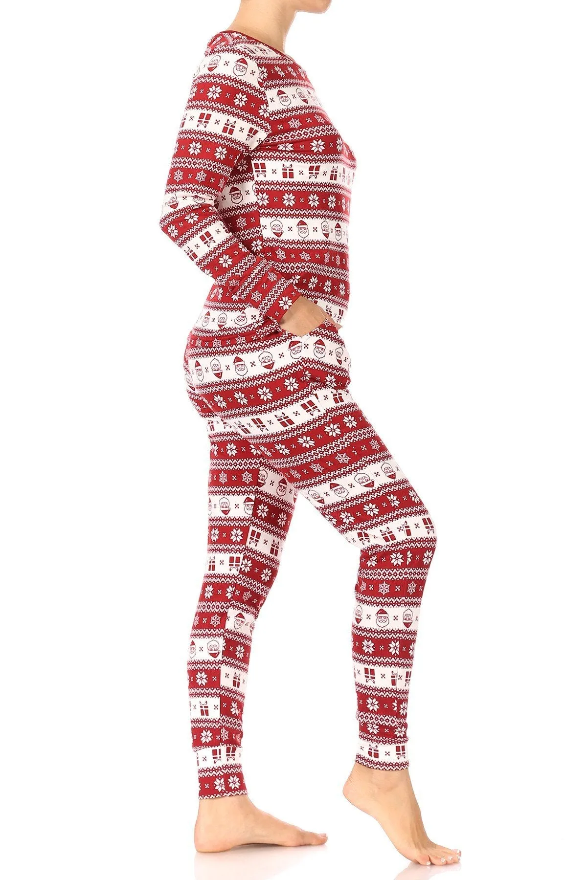 Christmas Fair Isle Santa Fleece Lined Lounge Pajama Set Pants and Shirt