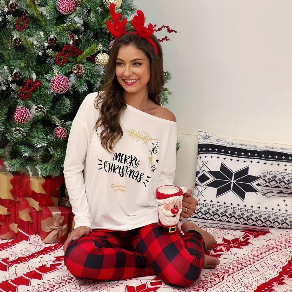 Christmas Pajamas Matching Family Pyjamas  Two pieces Women Pajama Sets Long sleeve Loose T shirt Top  Plaid Pants Suit