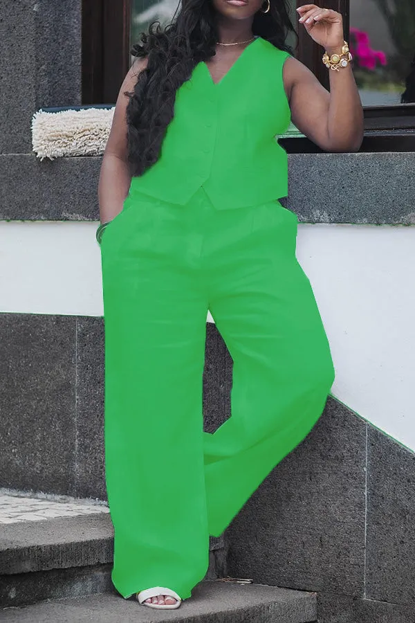 Classic Solid Color Vest & Straight Leg Pants Set