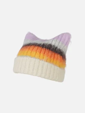 Color Blocking Stripe Cat Ear Beanie