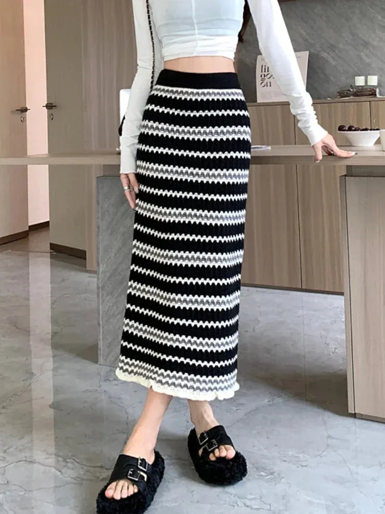 Colorful Elegant A-line Slim Fashion Warm Black Chic Autumn Winter Midi Skirt