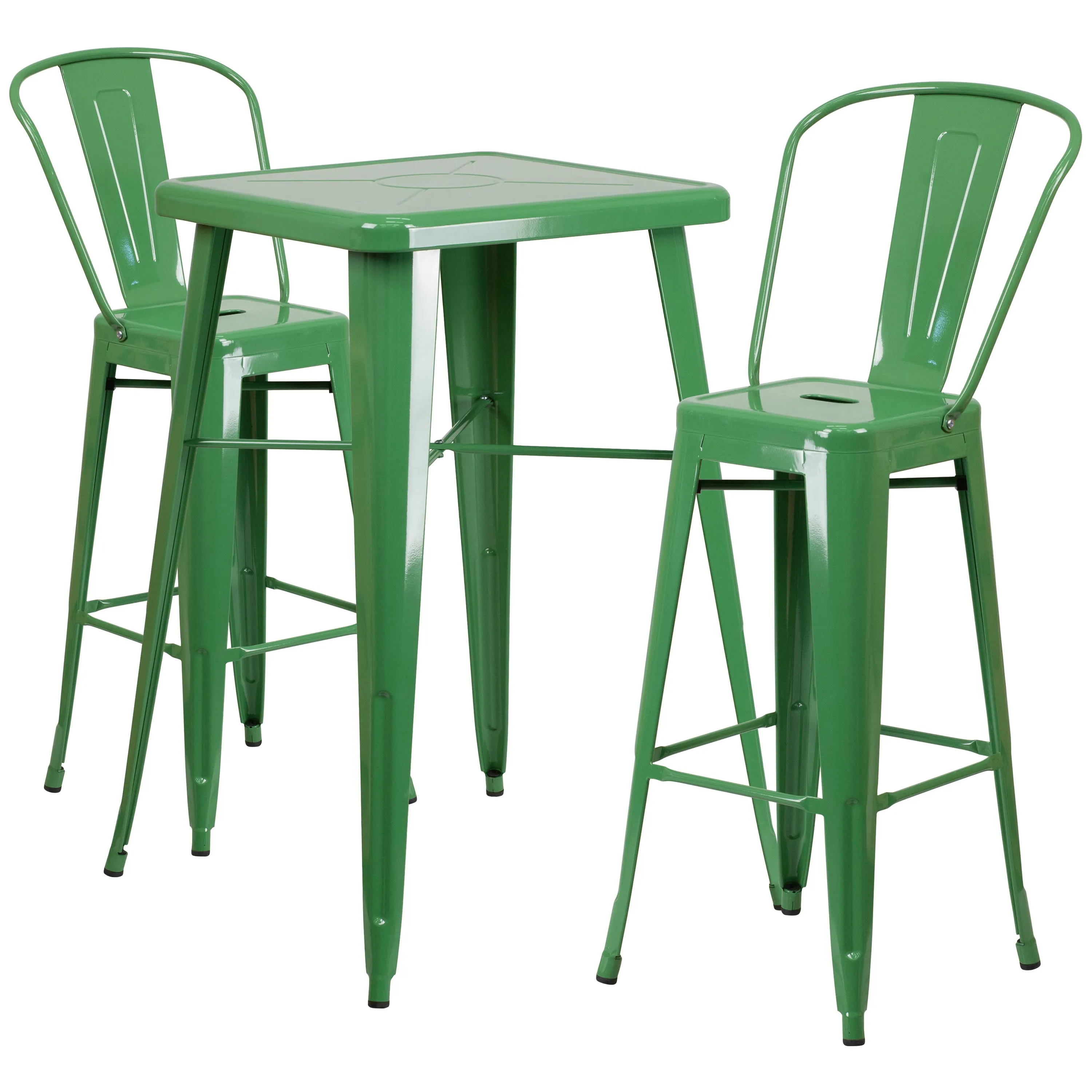 Commercial Grade 23.75" Square Metal Indoor-Outdoor Bar Table Set with 2 Stools with Backs