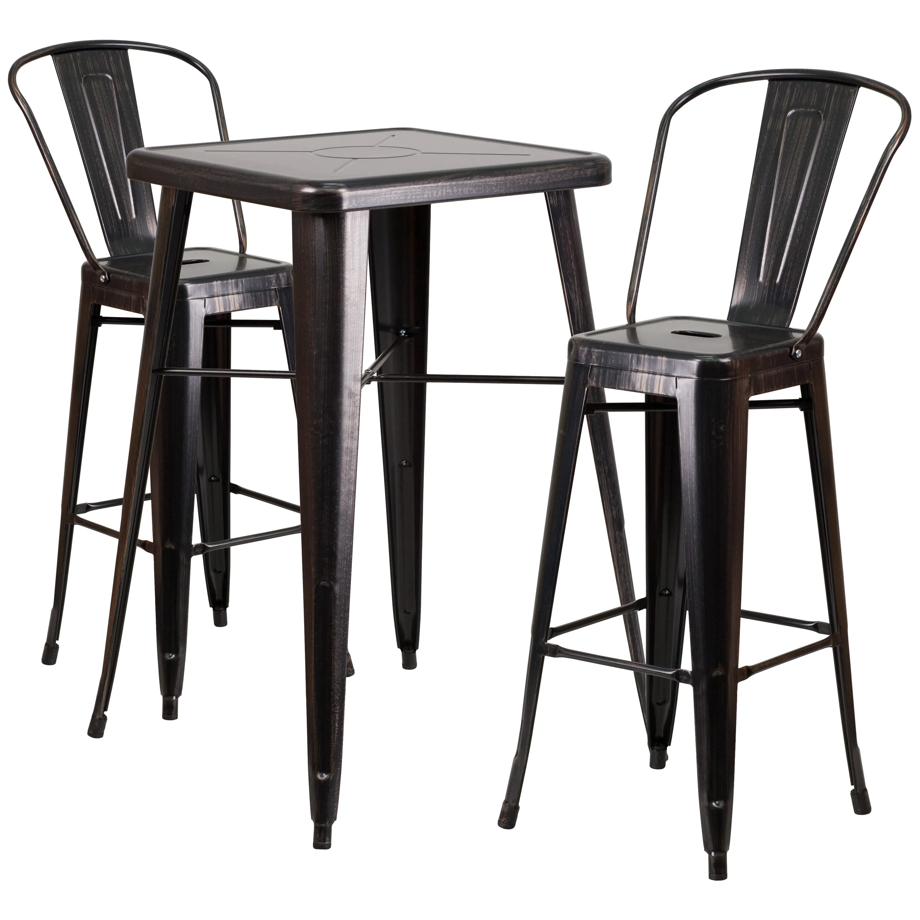 Commercial Grade 23.75" Square Metal Indoor-Outdoor Bar Table Set with 2 Stools with Backs