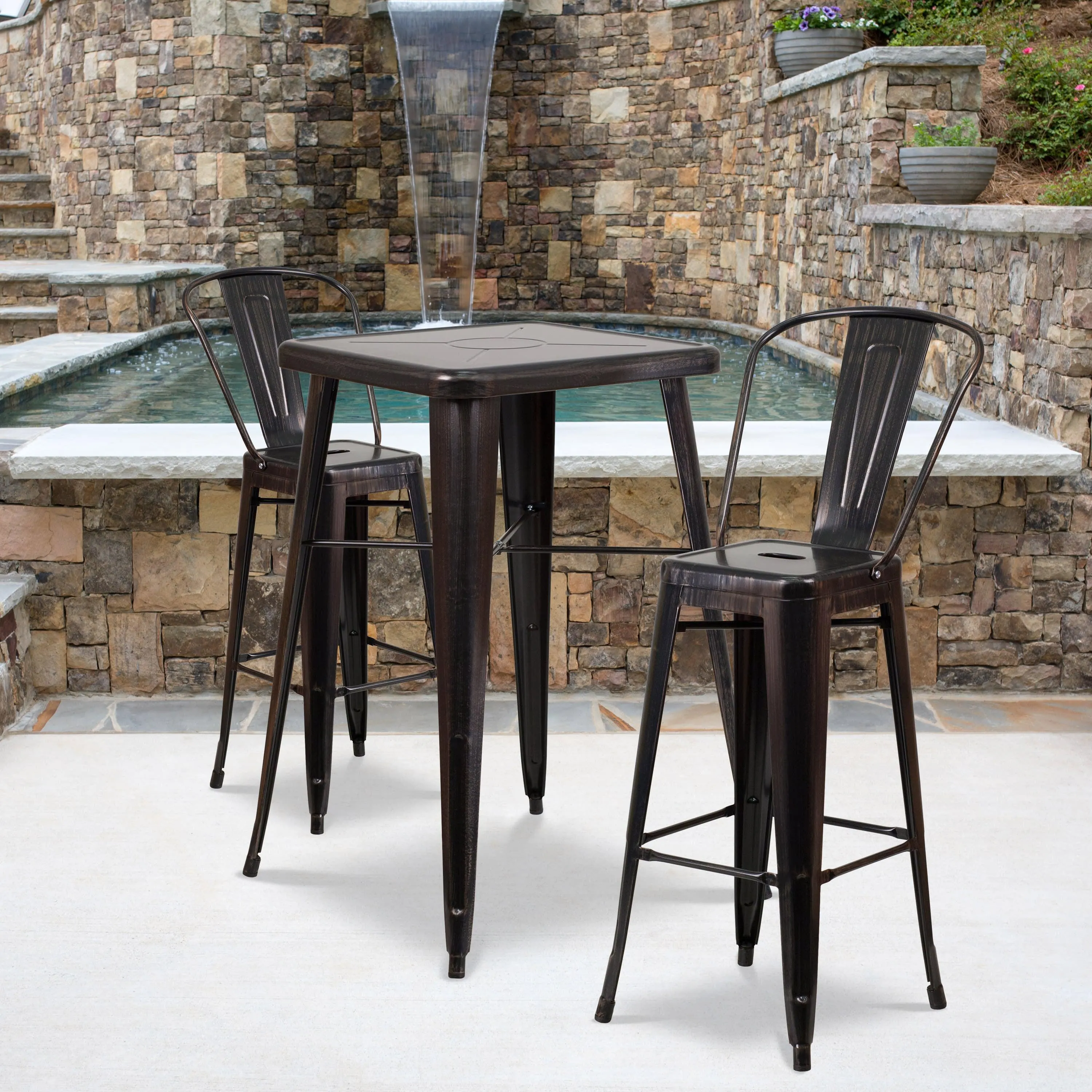 Commercial Grade 23.75" Square Metal Indoor-Outdoor Bar Table Set with 2 Stools with Backs