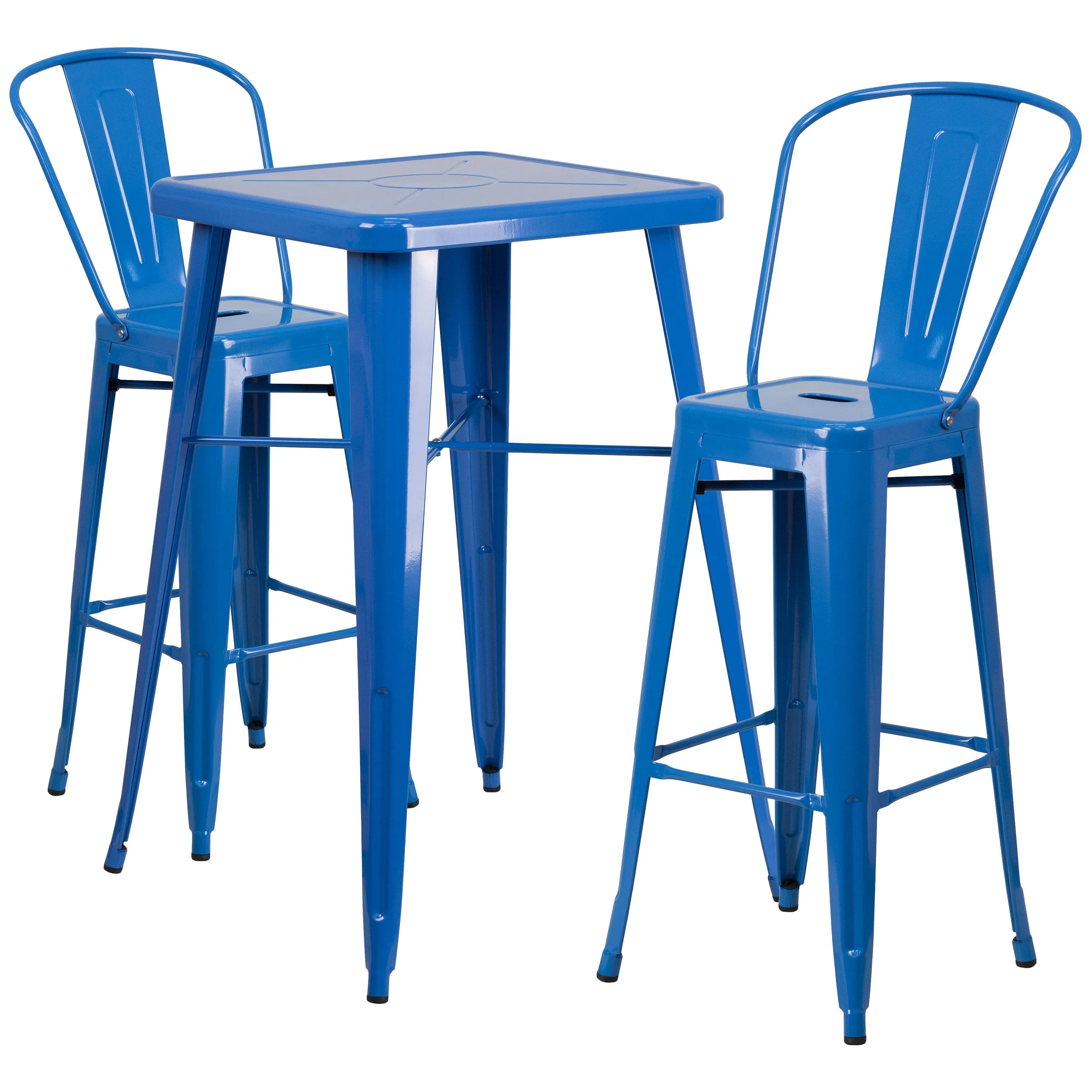 Commercial Grade 23.75" Square Metal Indoor-Outdoor Bar Table Set with 2 Stools with Backs