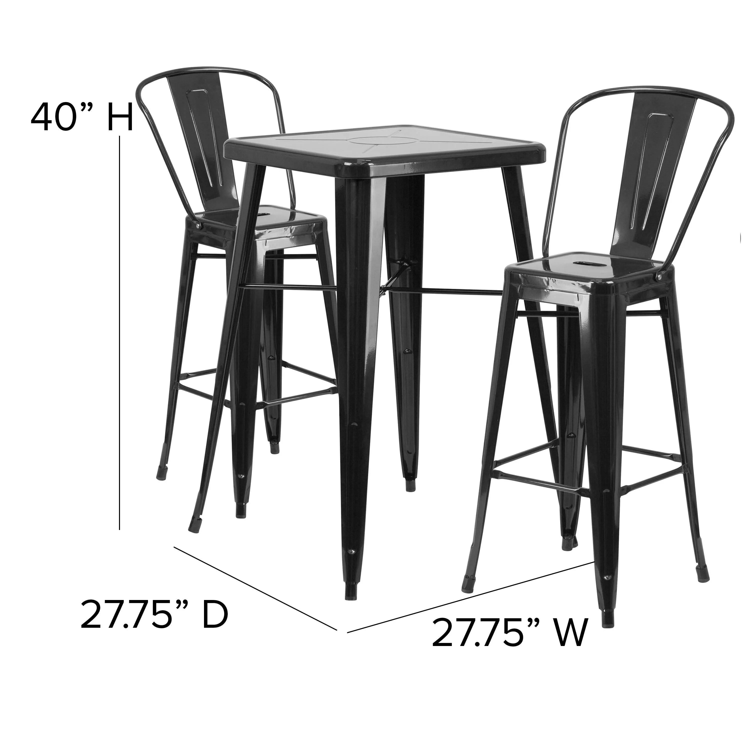 Commercial Grade 23.75" Square Metal Indoor-Outdoor Bar Table Set with 2 Stools with Backs