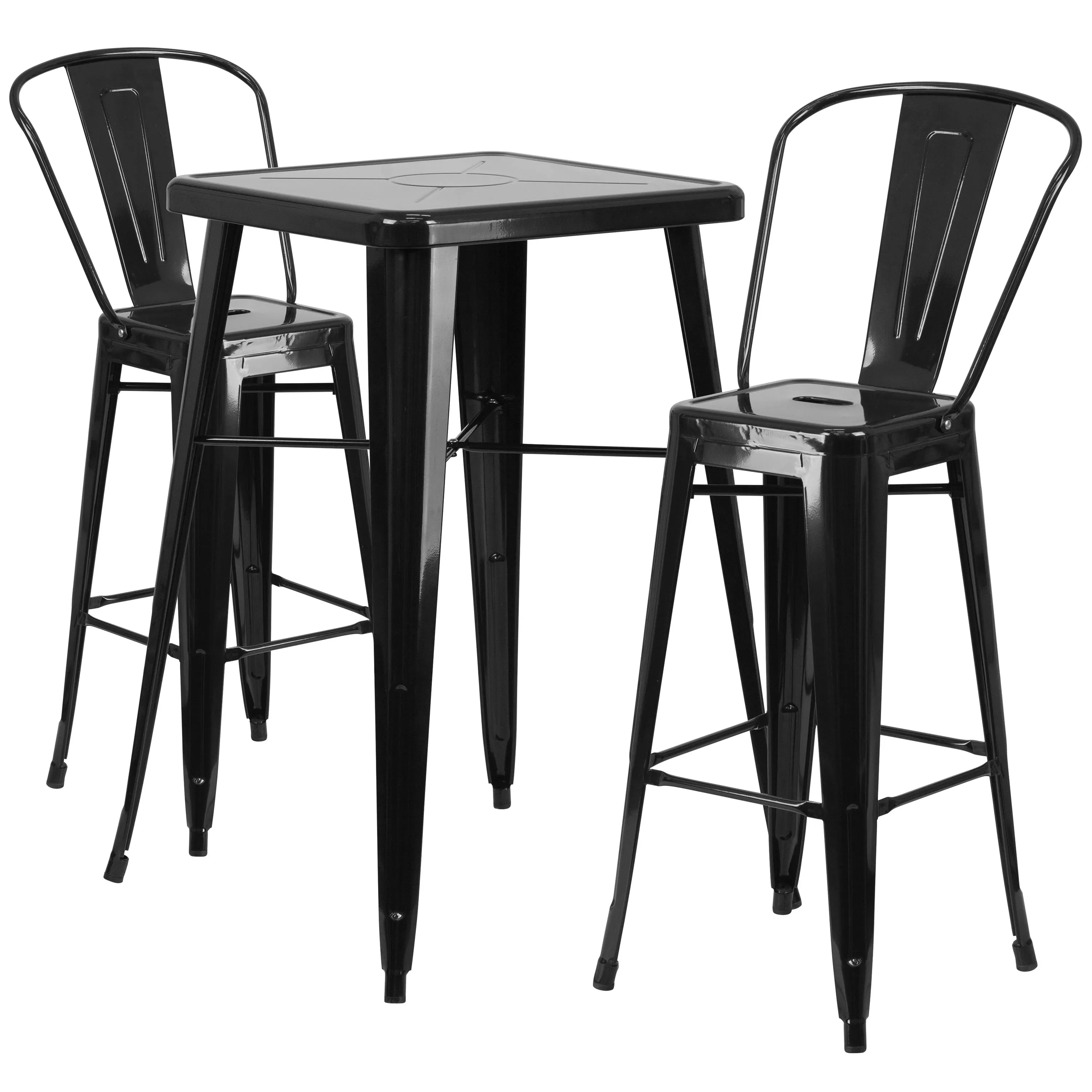 Commercial Grade 23.75" Square Metal Indoor-Outdoor Bar Table Set with 2 Stools with Backs