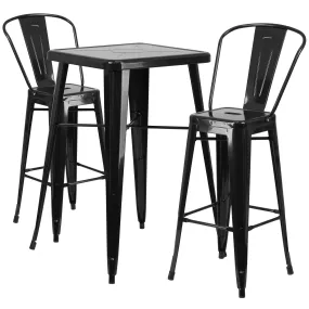 Commercial Grade 23.75" Square Metal Indoor-Outdoor Bar Table Set with 2 Stools with Backs