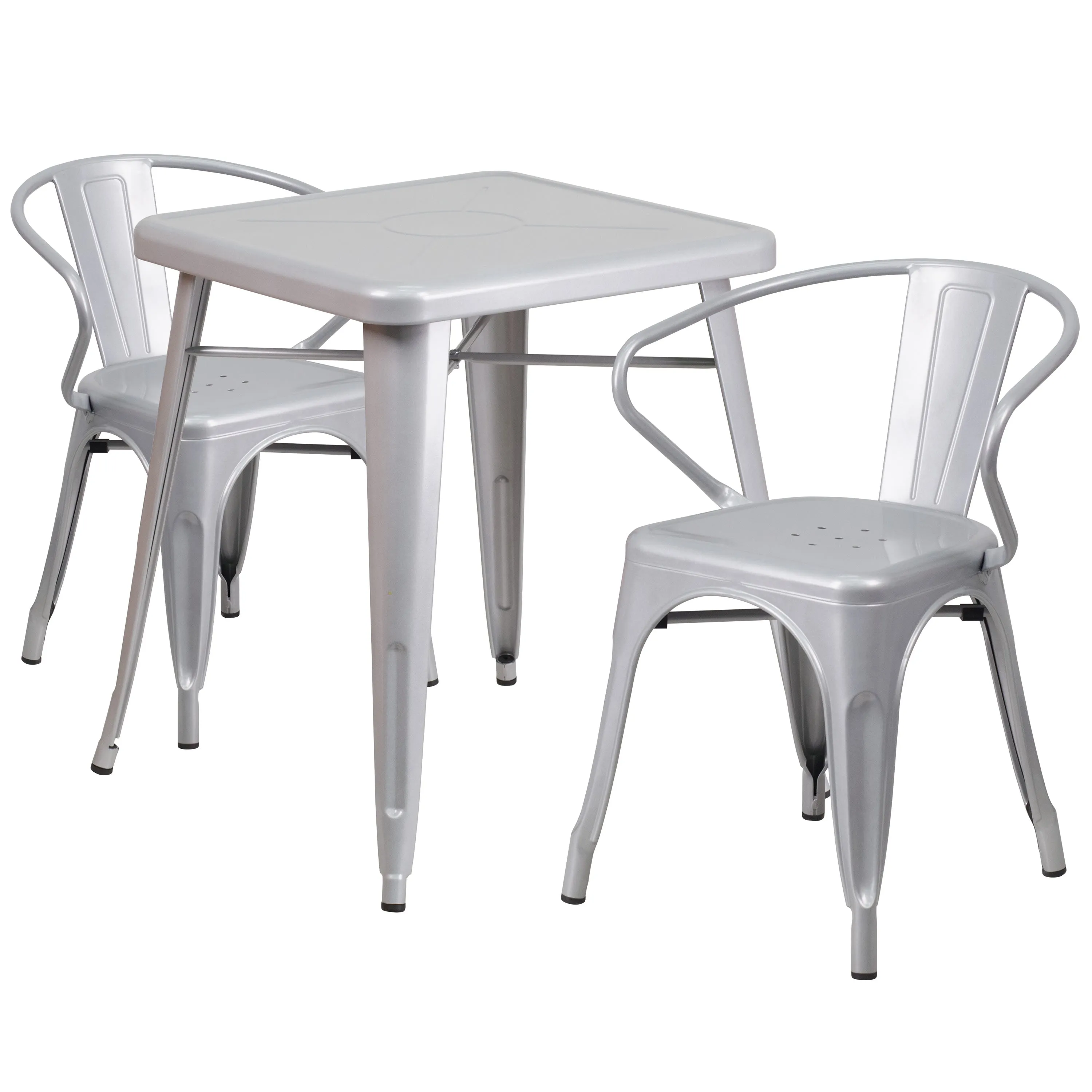 Commercial Grade 23.75" Square Metal Indoor-Outdoor Table Set with 2 Arm Chairs