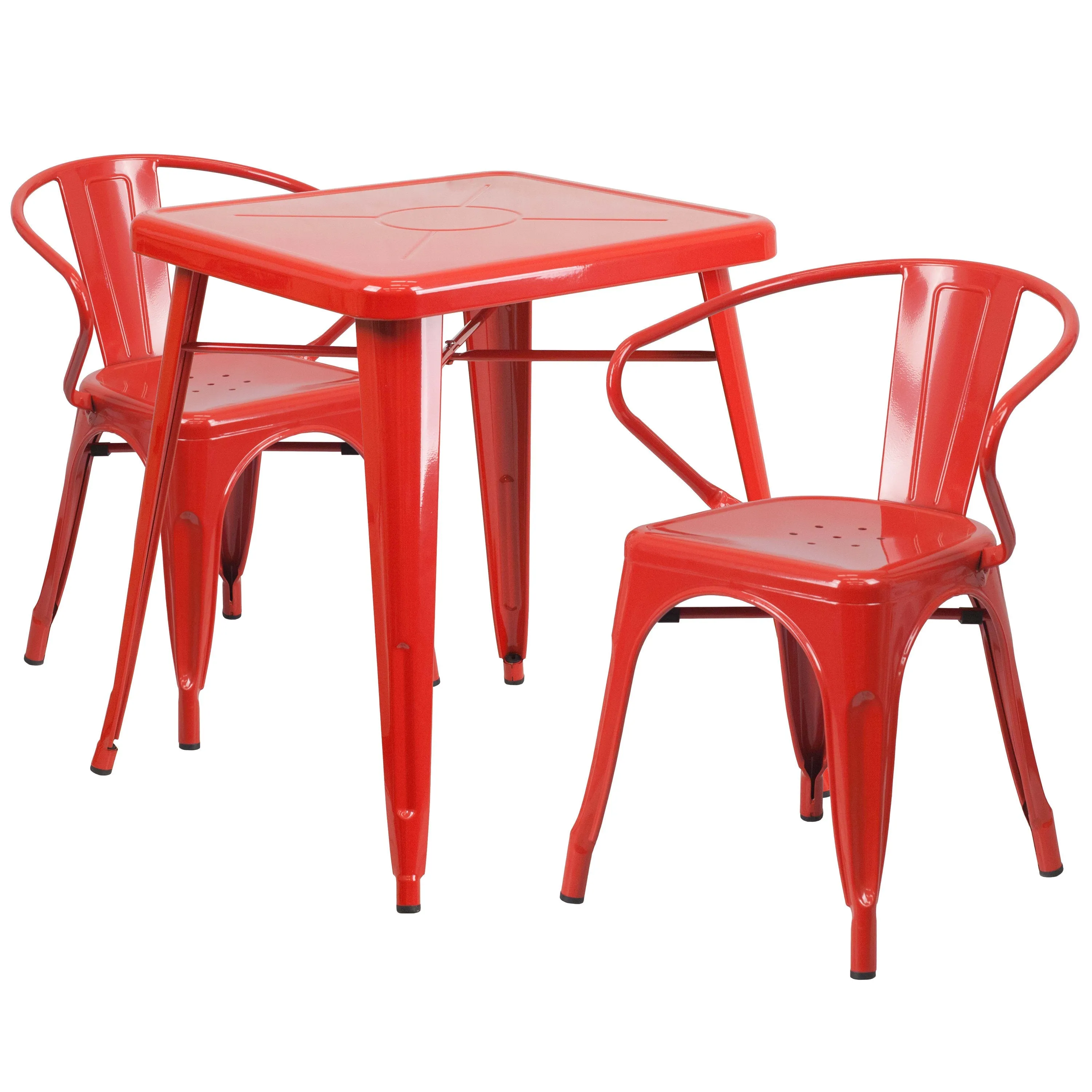 Commercial Grade 23.75" Square Metal Indoor-Outdoor Table Set with 2 Arm Chairs