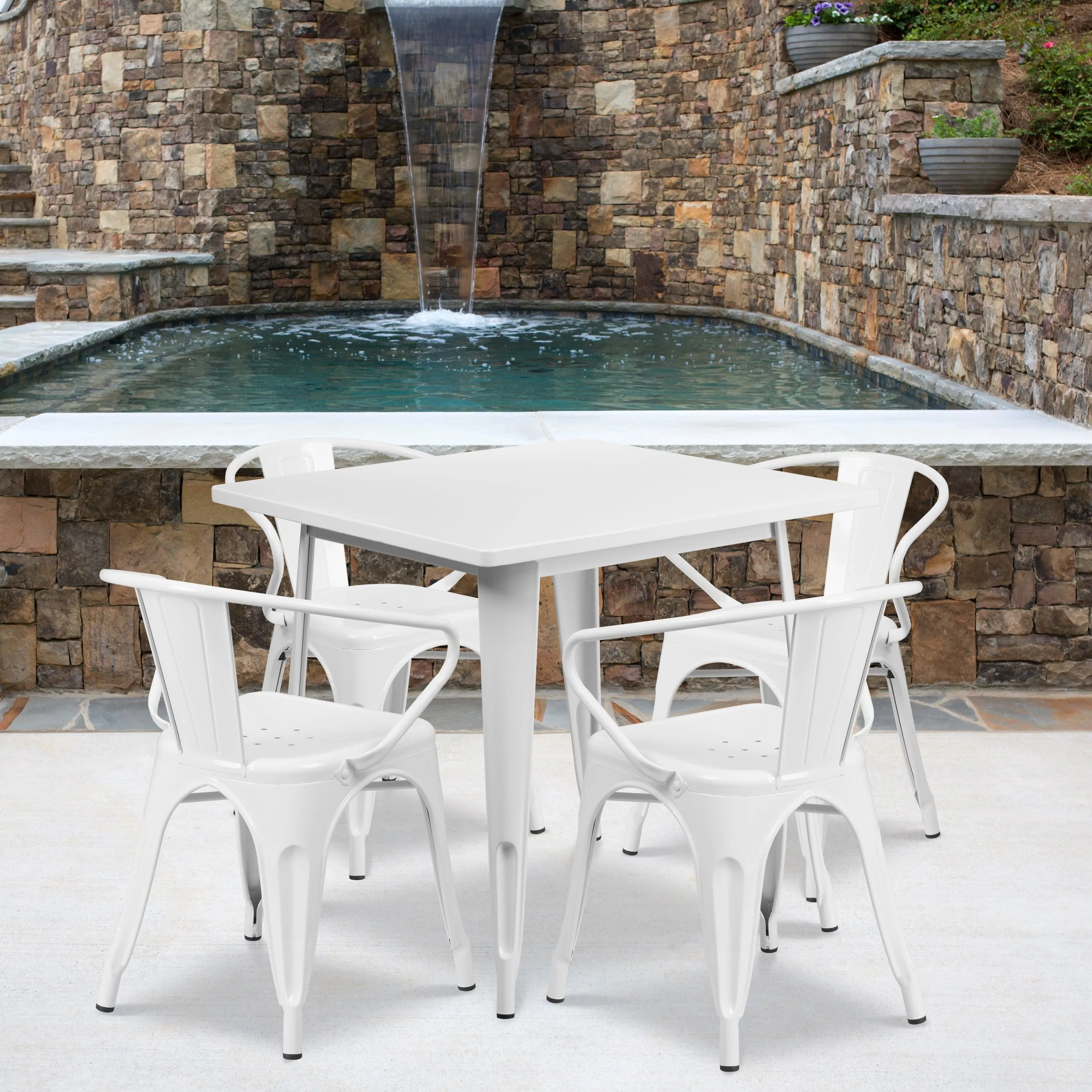 Commercial Grade 31.5" Square Metal Indoor-Outdoor Table Set with 4 Arm Chairs