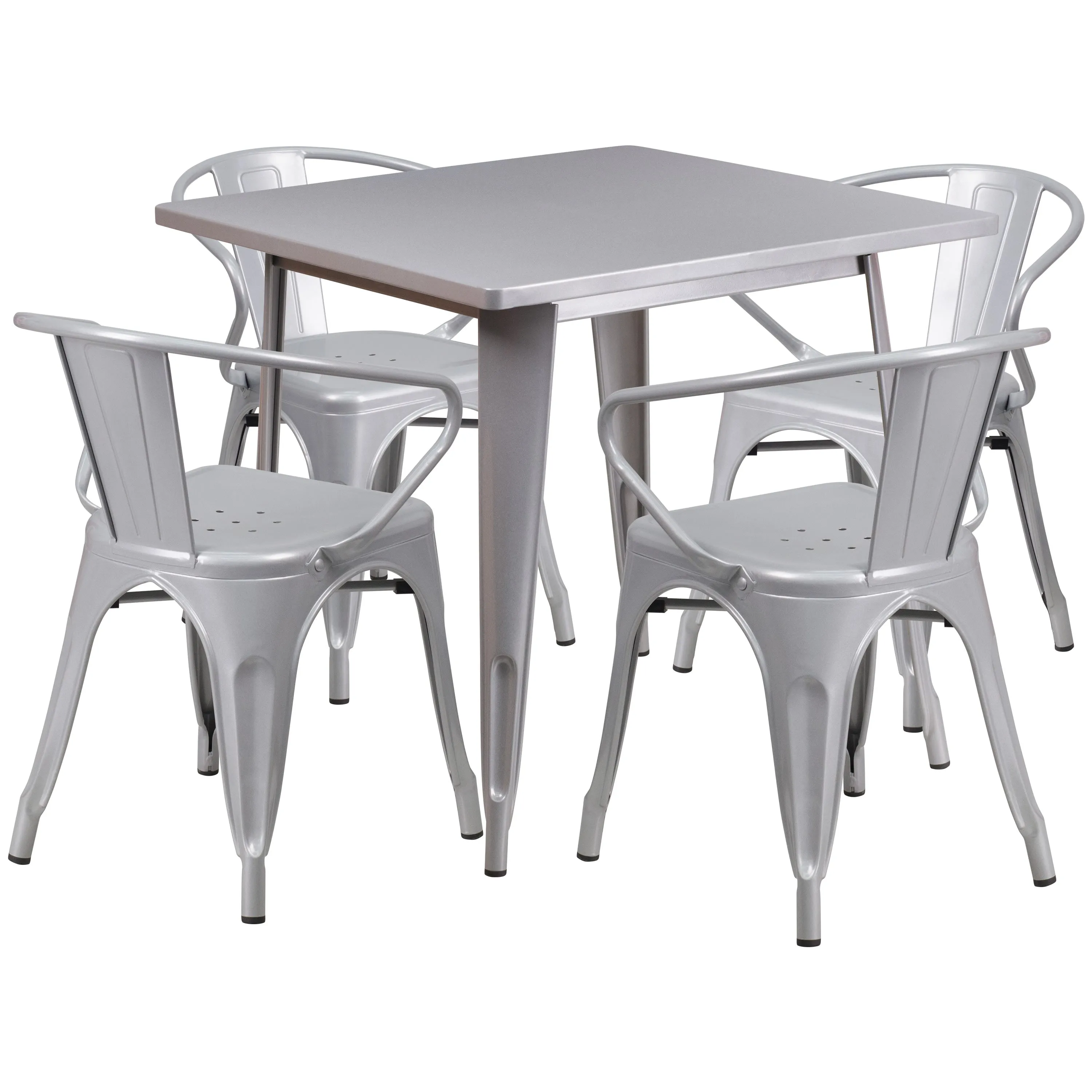 Commercial Grade 31.5" Square Metal Indoor-Outdoor Table Set with 4 Arm Chairs