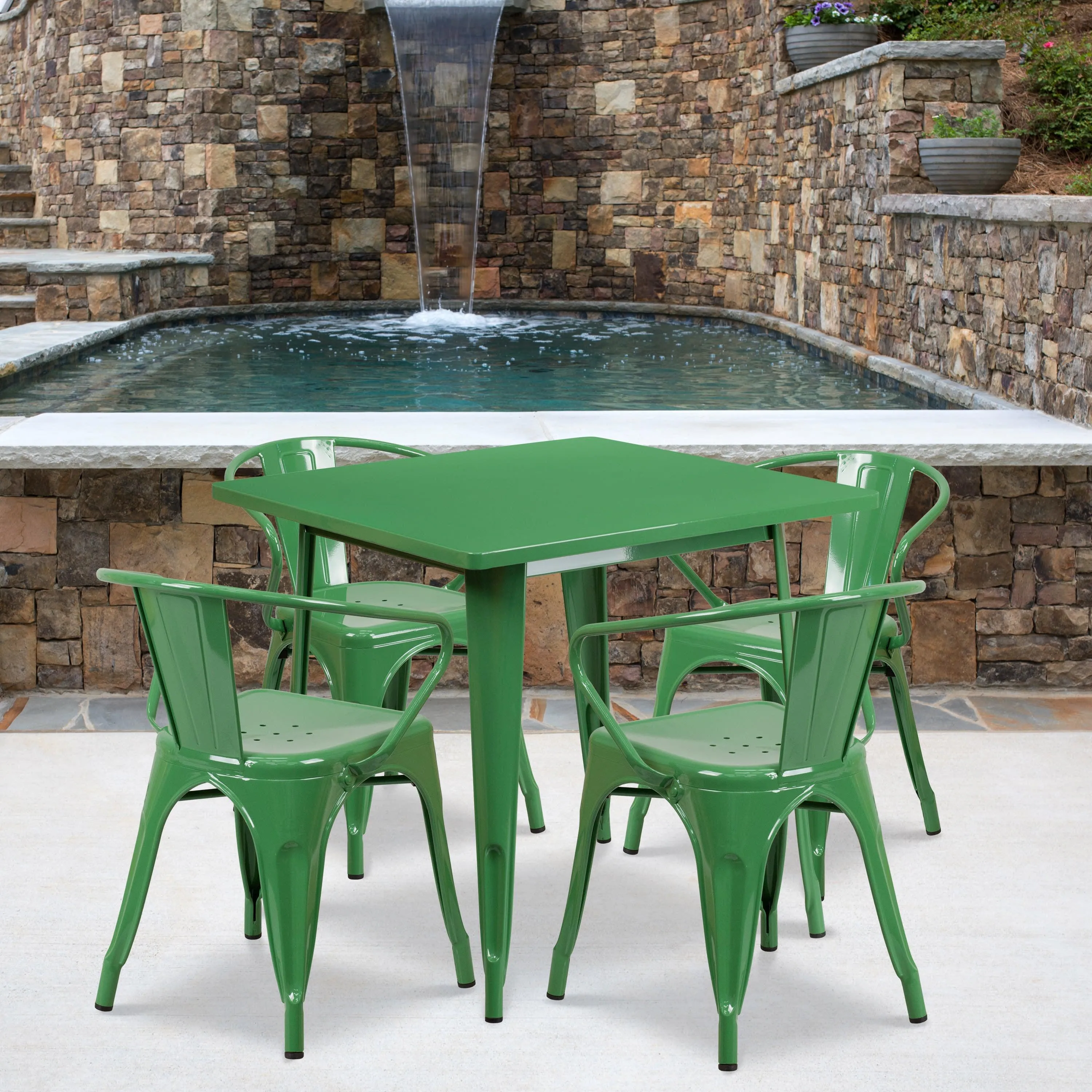 Commercial Grade 31.5" Square Metal Indoor-Outdoor Table Set with 4 Arm Chairs