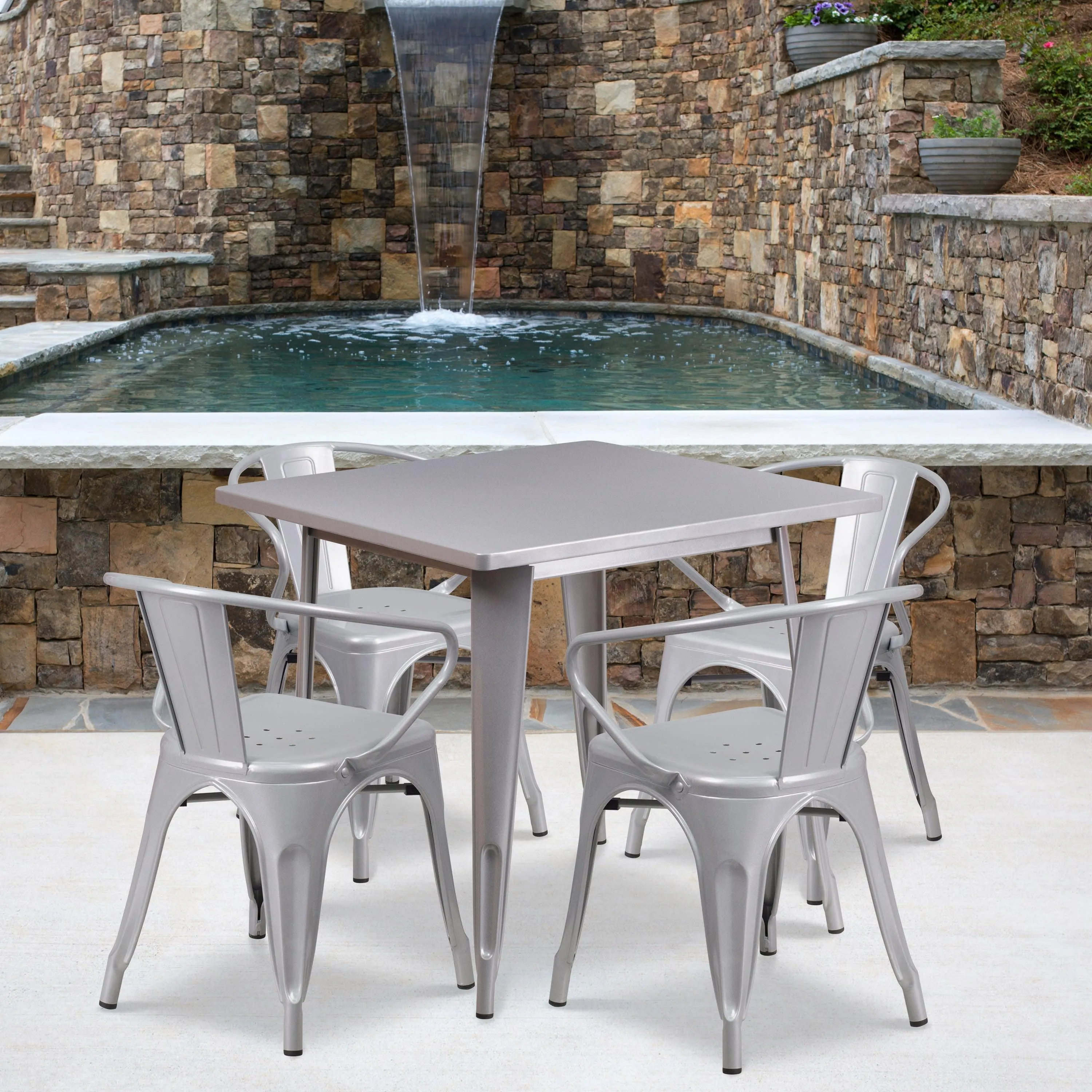 Commercial Grade 31.5" Square Metal Indoor-Outdoor Table Set with 4 Arm Chairs