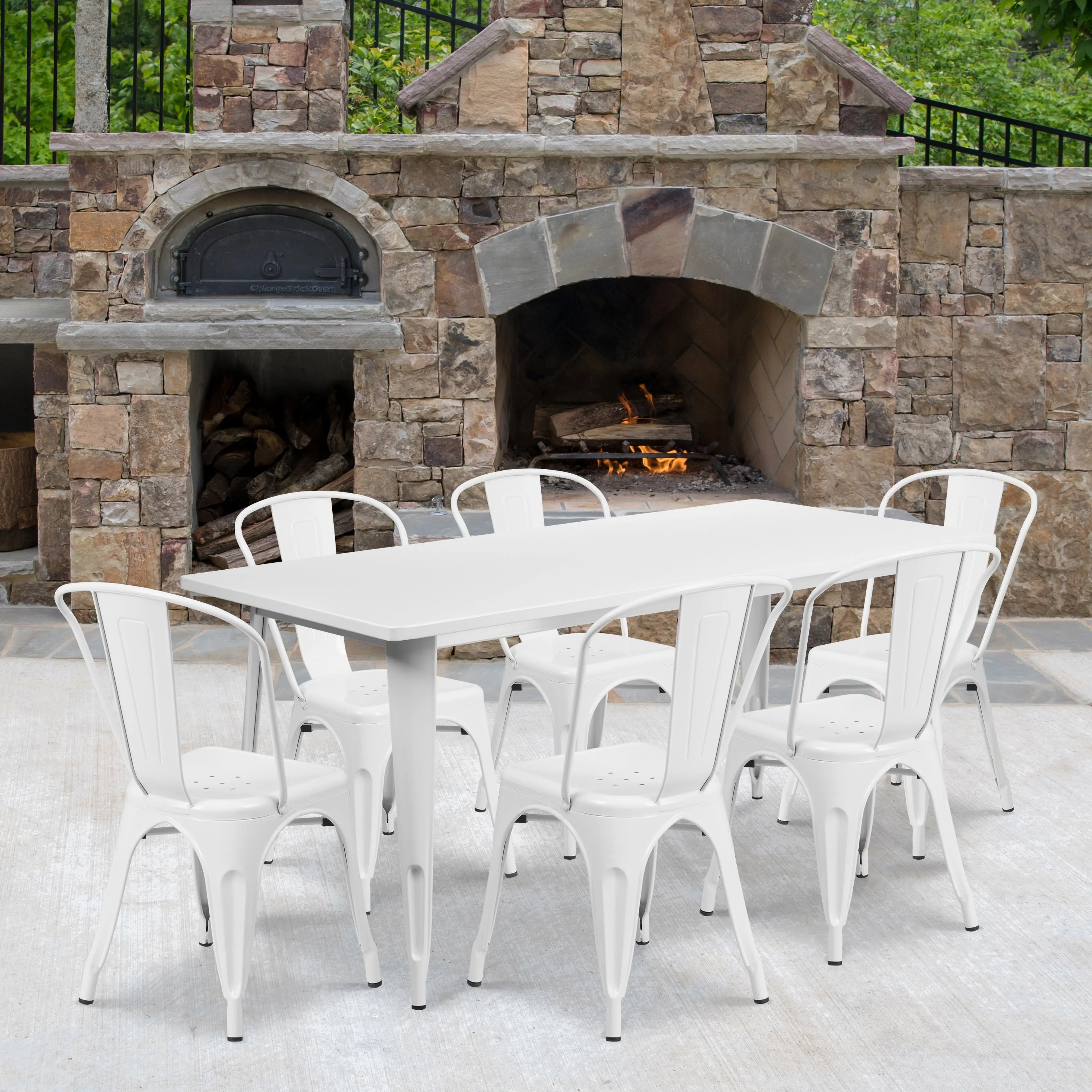 Commercial Grade 31.5" x 63" Rectangular Metal Indoor-Outdoor Table Set with 6 Stack Chairs