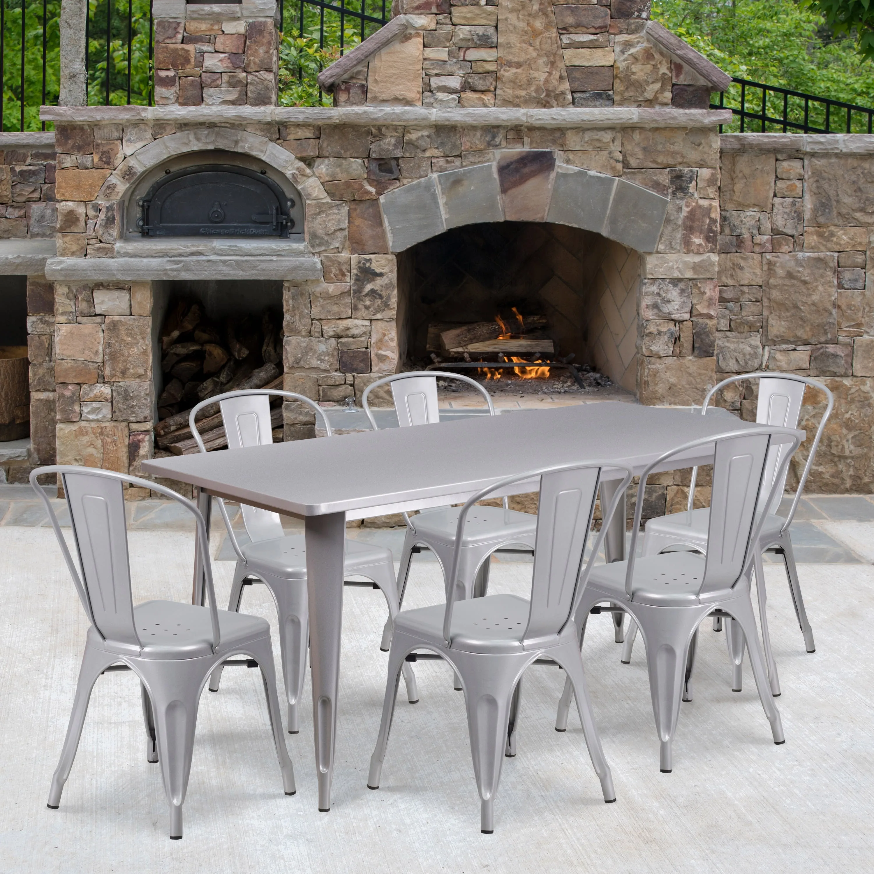 Commercial Grade 31.5" x 63" Rectangular Metal Indoor-Outdoor Table Set with 6 Stack Chairs