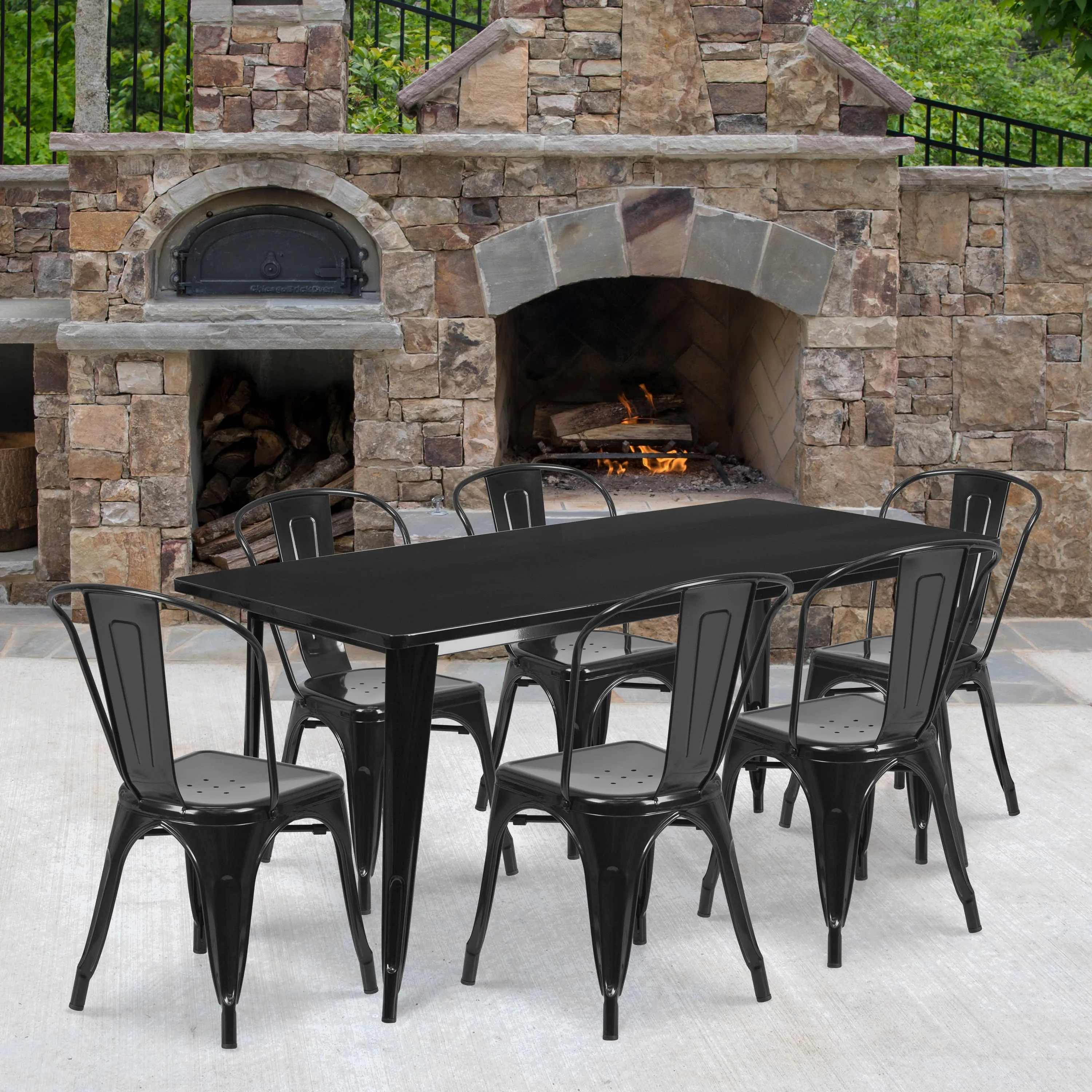 Commercial Grade 31.5" x 63" Rectangular Metal Indoor-Outdoor Table Set with 6 Stack Chairs