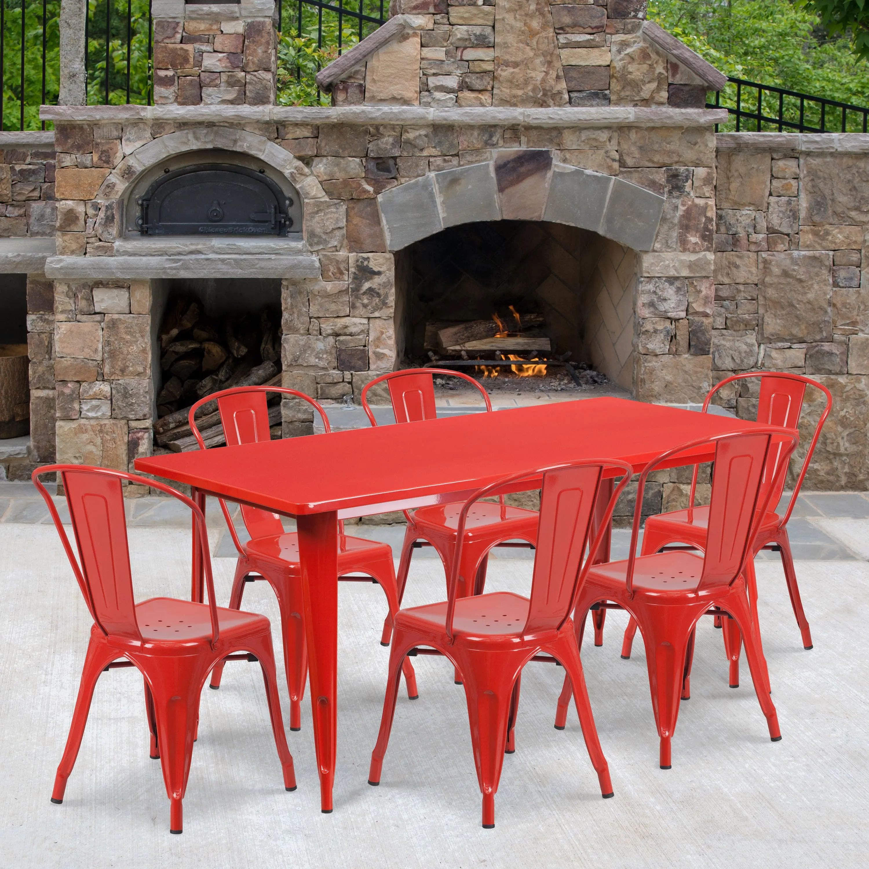 Commercial Grade 31.5" x 63" Rectangular Metal Indoor-Outdoor Table Set with 6 Stack Chairs