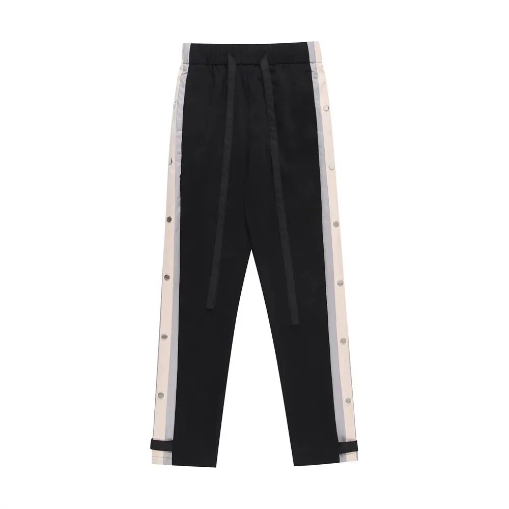 Contrast Paneled Casual Pants with Rivets - Loose Streetwear Wide Leg Trousers