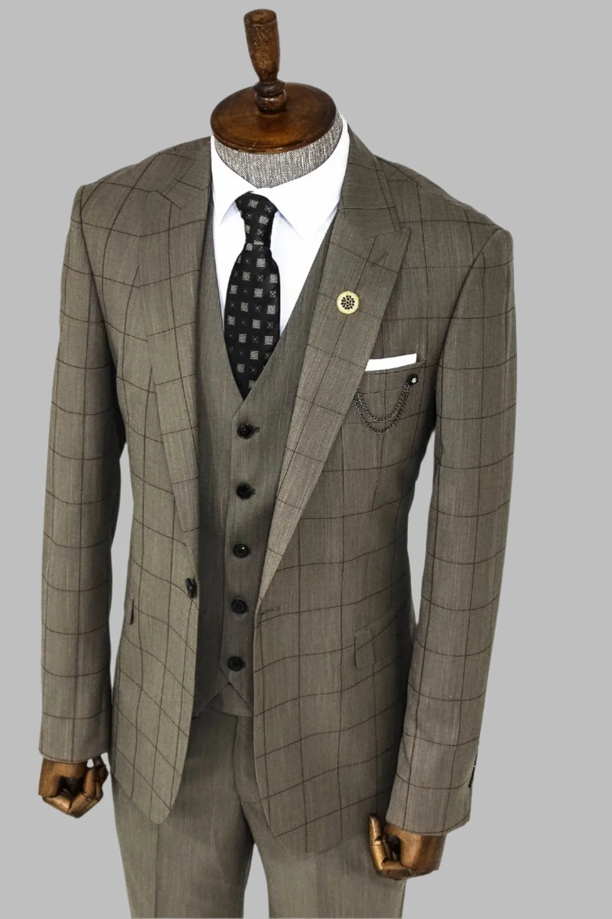 Cream Plaid Peak Lapel 3 Piece Suit - Wessi