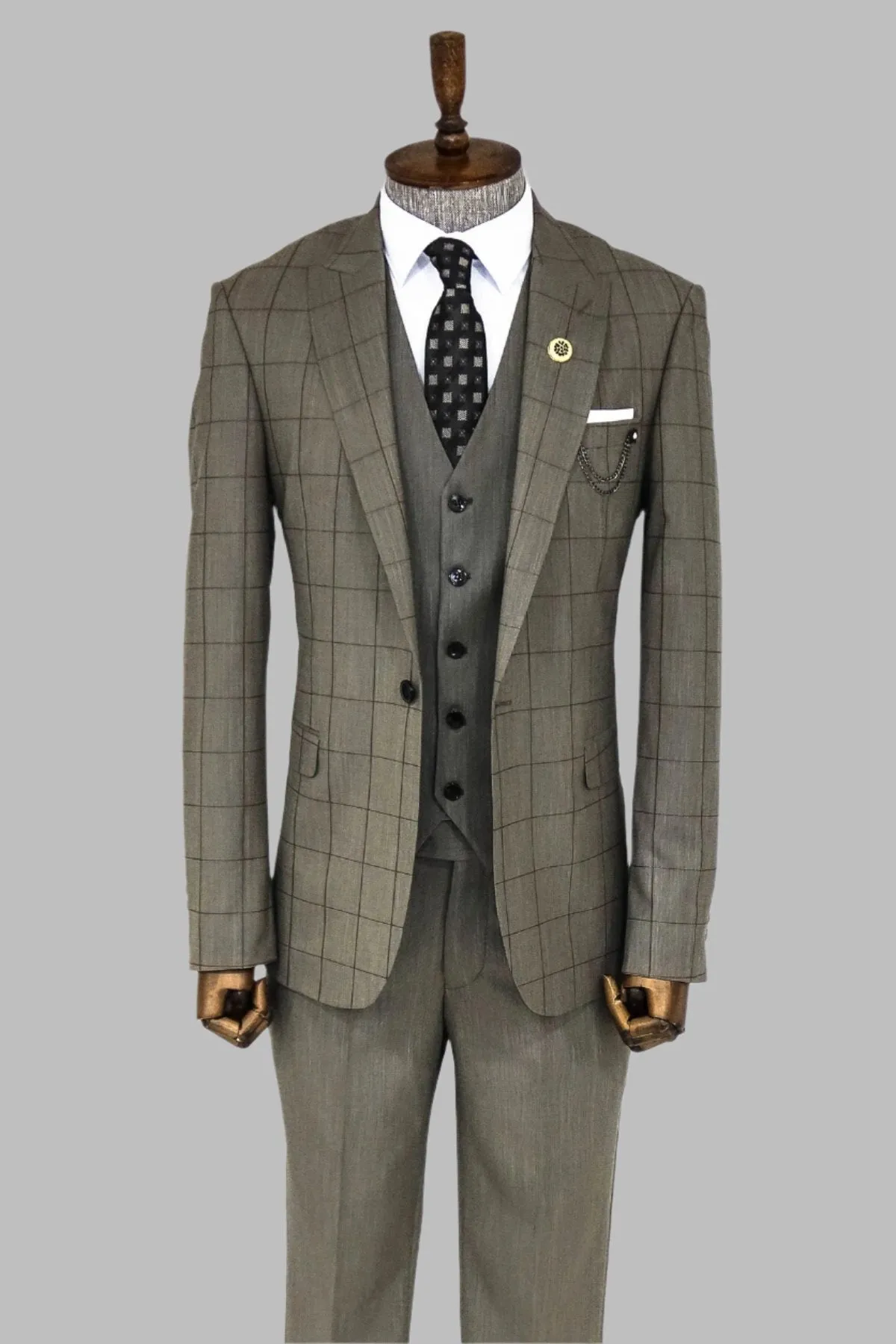 Cream Plaid Peak Lapel 3 Piece Suit - Wessi