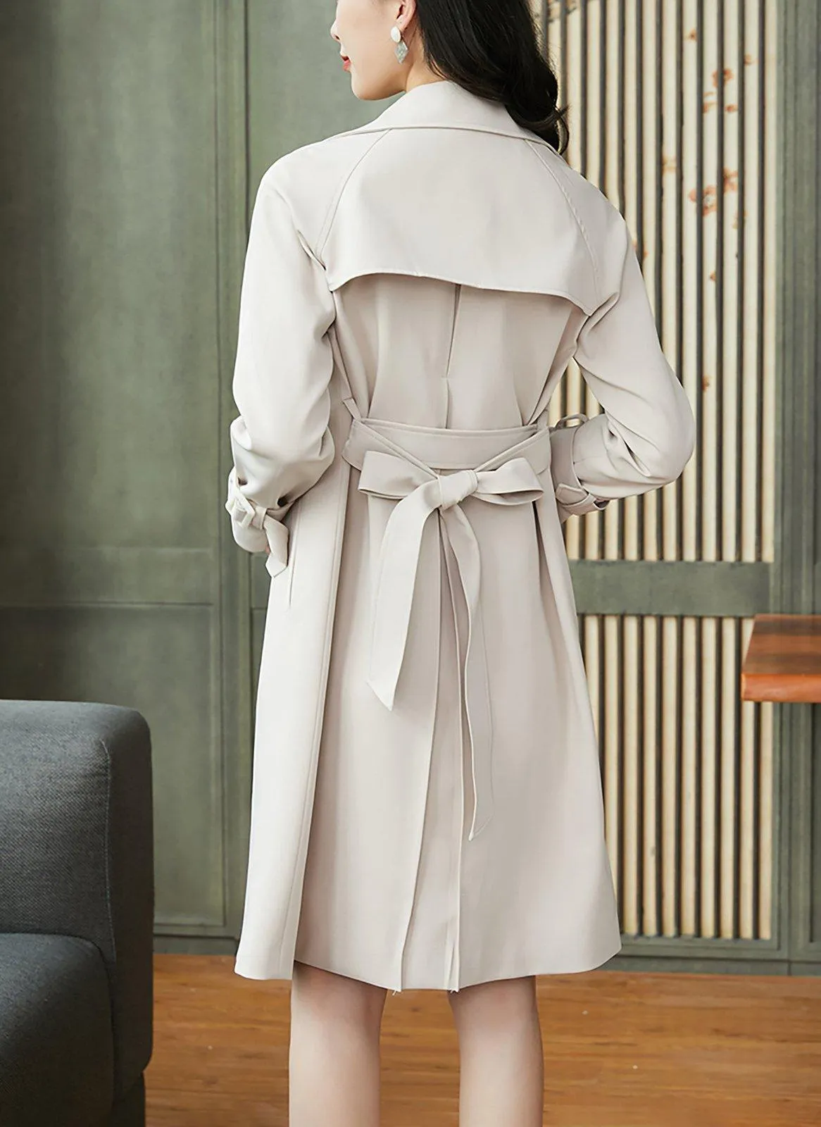 Custom Double Breasted Tie Waist Flap Beige Trench Coat