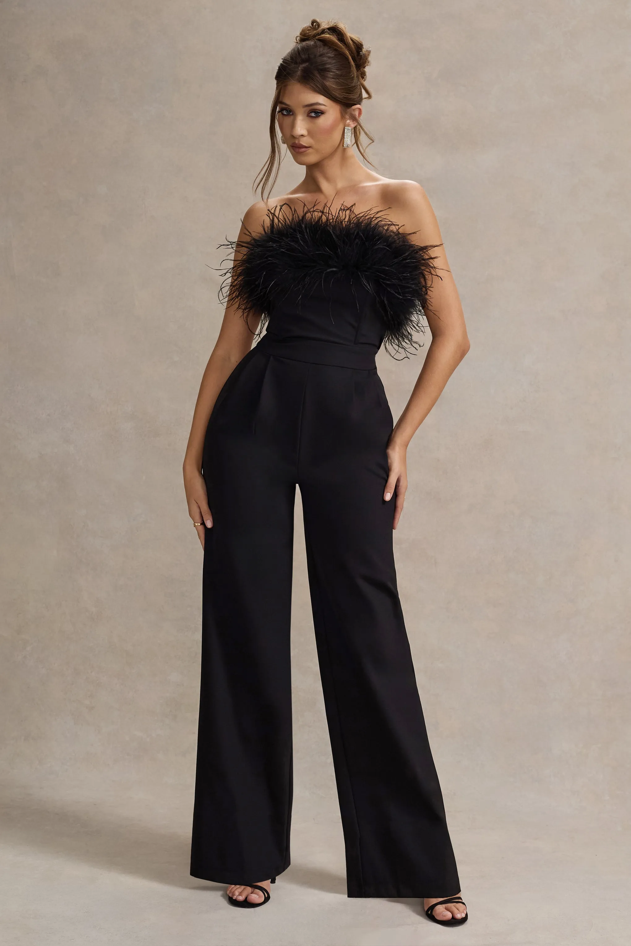 Delta | Black Feather Bandeau Wide-Leg Jumpsuit