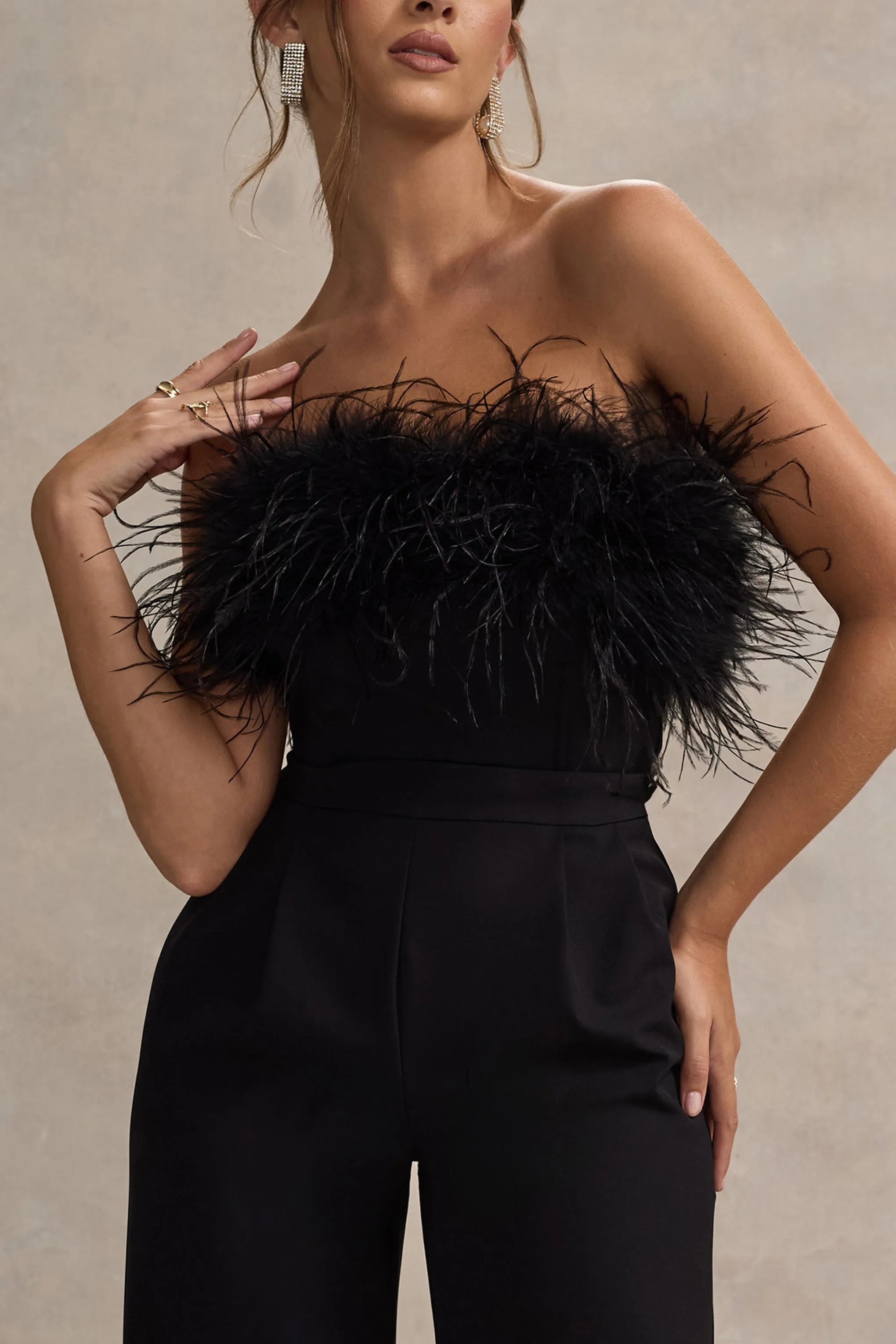 Delta | Black Feather Bandeau Wide-Leg Jumpsuit