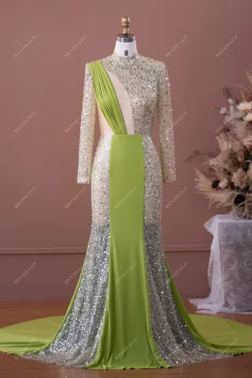 Designer Wholesale Sage Green Beaded Jersey Prom Formal Dress