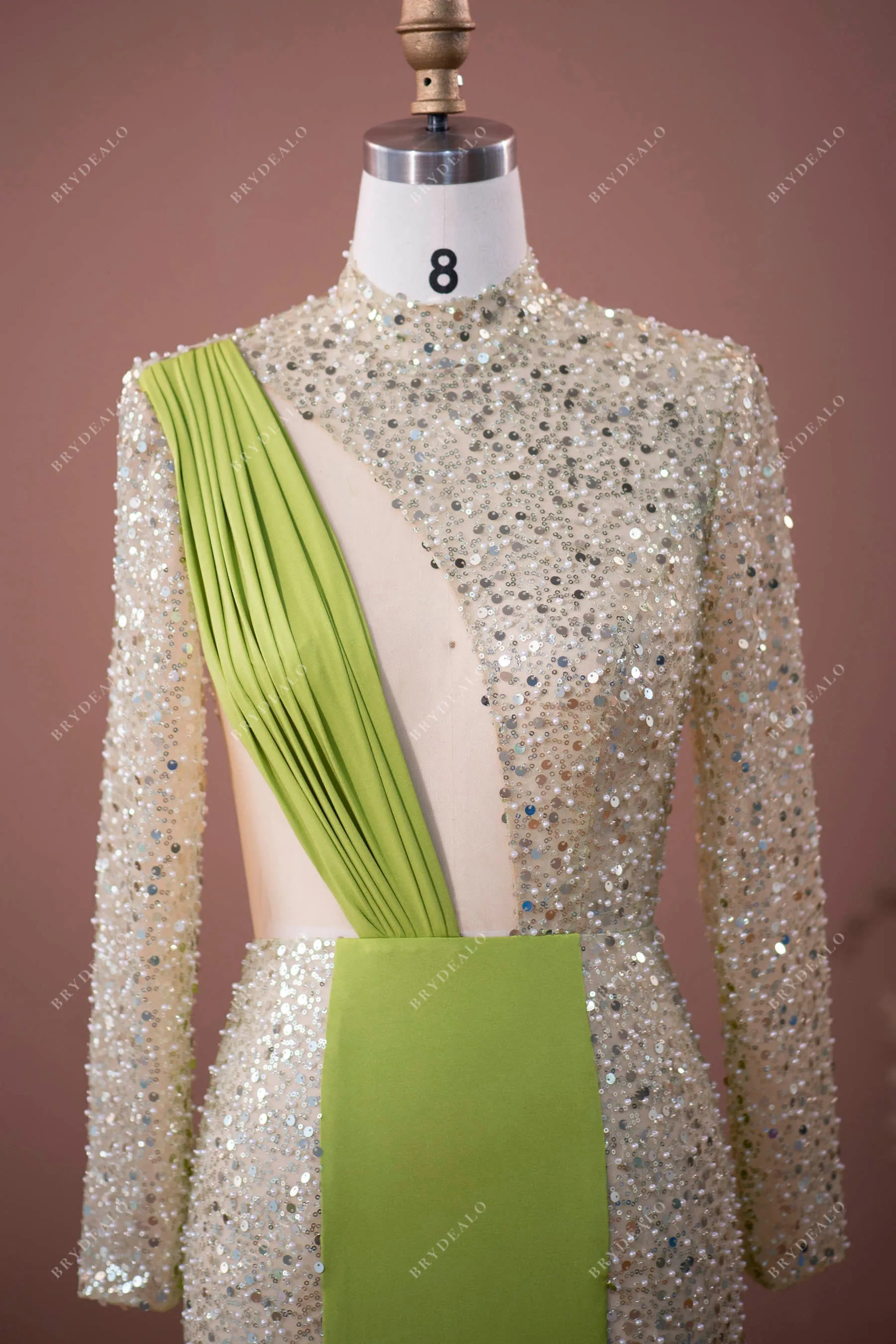 Designer Wholesale Sage Green Beaded Jersey Prom Formal Dress