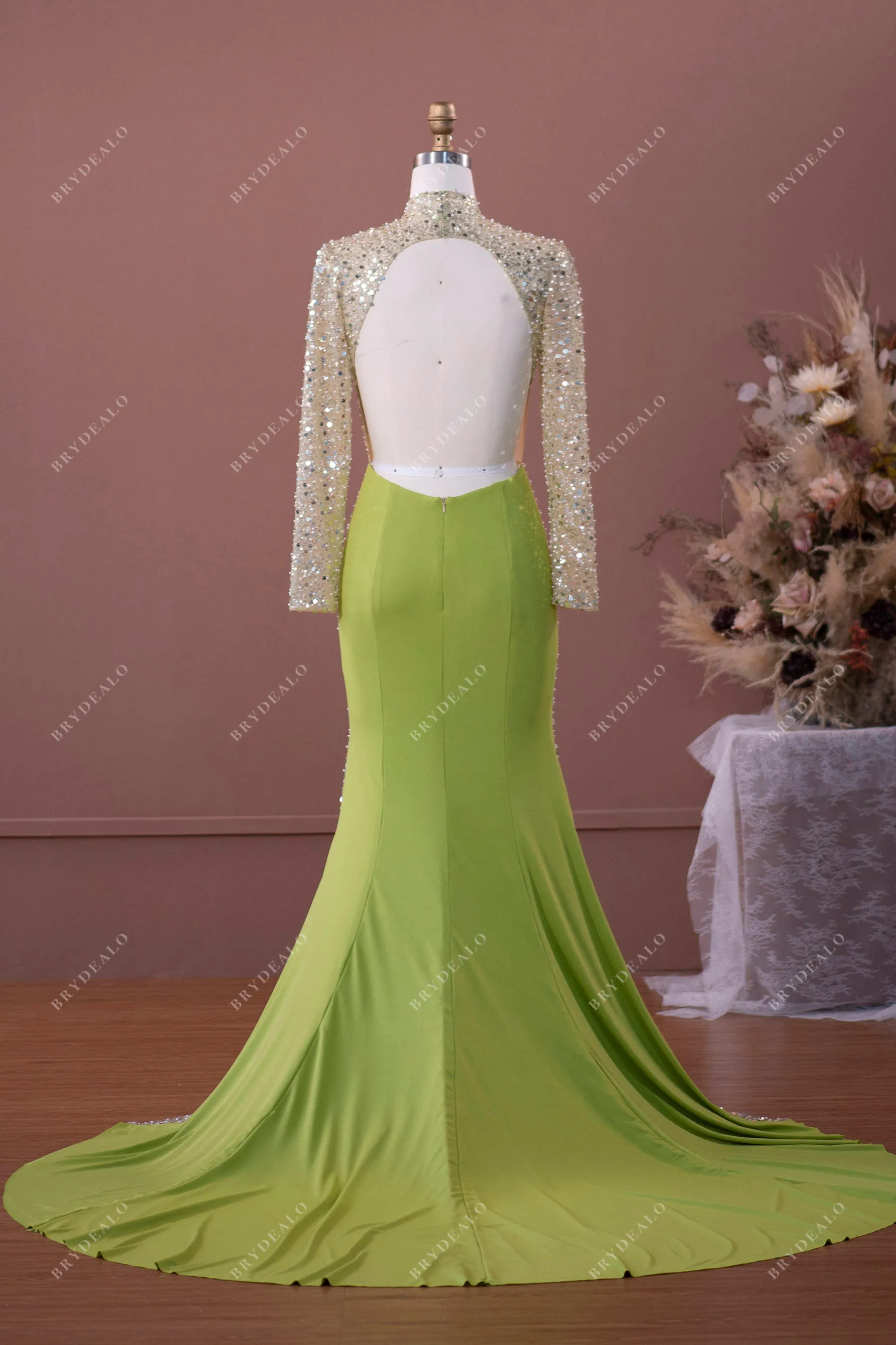 Designer Wholesale Sage Green Beaded Jersey Prom Formal Dress