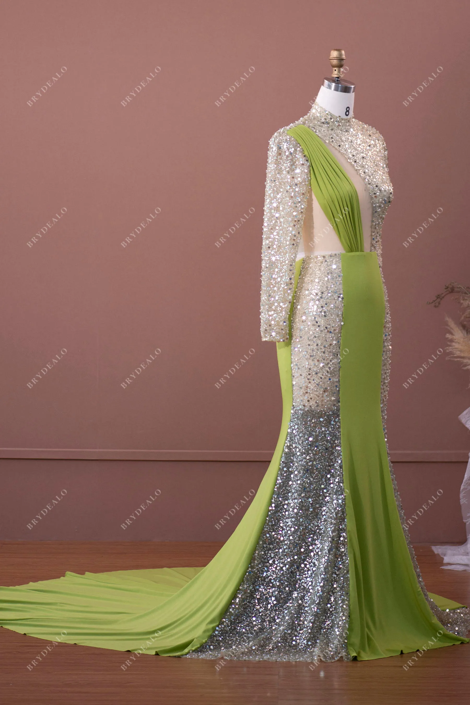 Designer Wholesale Sage Green Beaded Jersey Prom Formal Dress