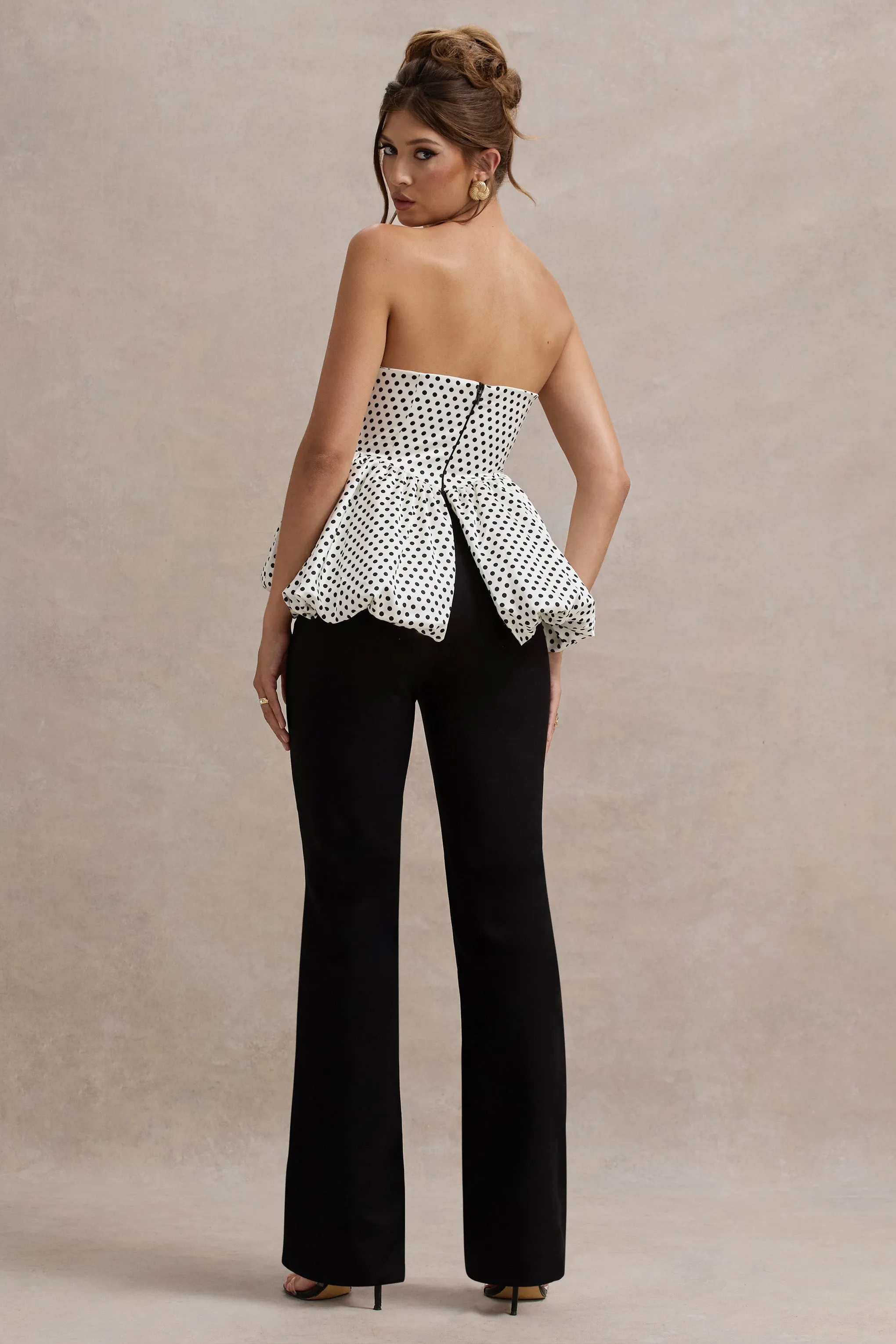 Divina | White & Black Polka Dot Strapless Ruffled Jumpsuit