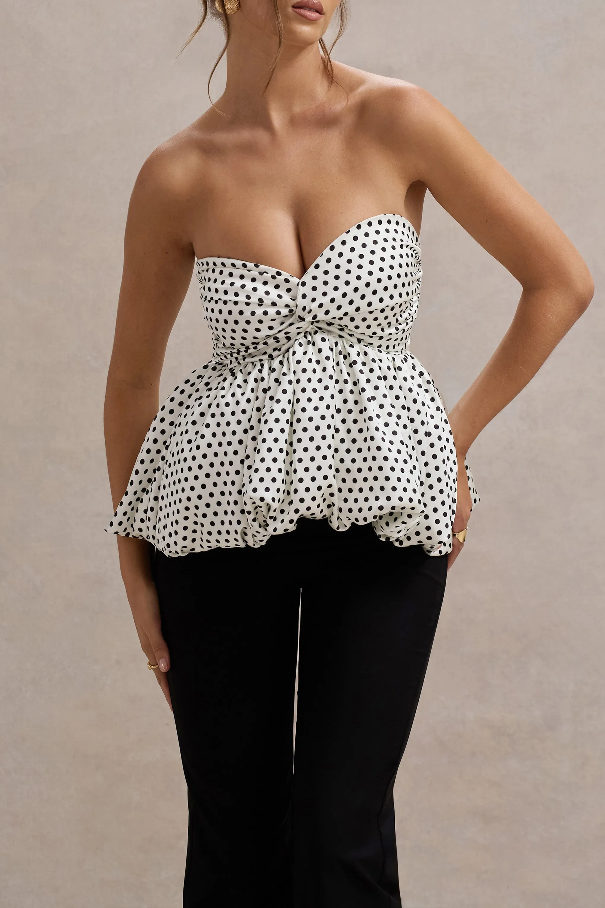 Divina | White & Black Polka Dot Strapless Ruffled Jumpsuit