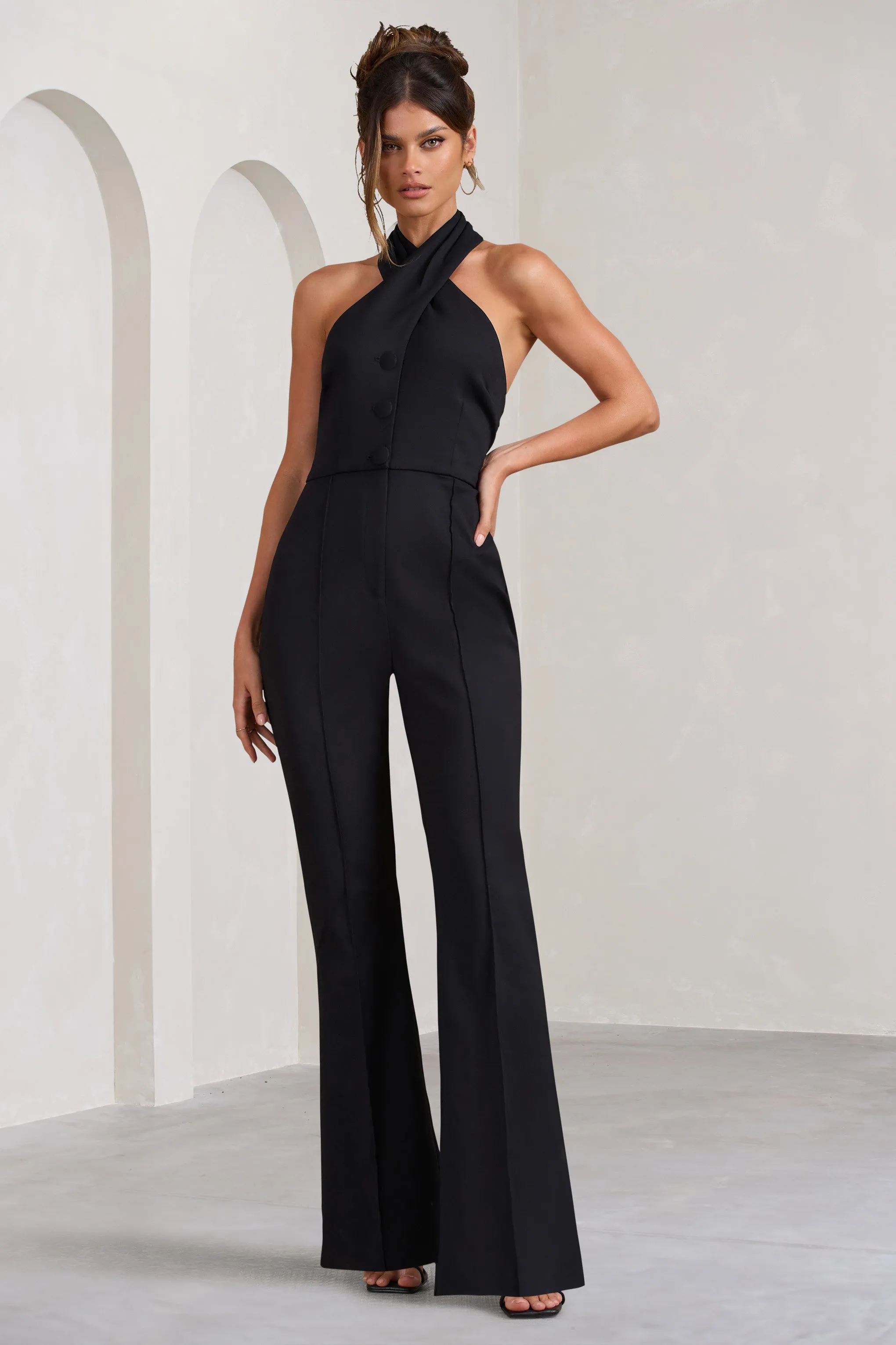 Don't Cross Me | Black Halter Neck Tailored Buttoned Sleeveless Jumpsuit