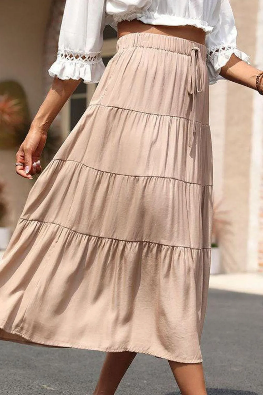 Elastic Waist Tiered Midi Skirt