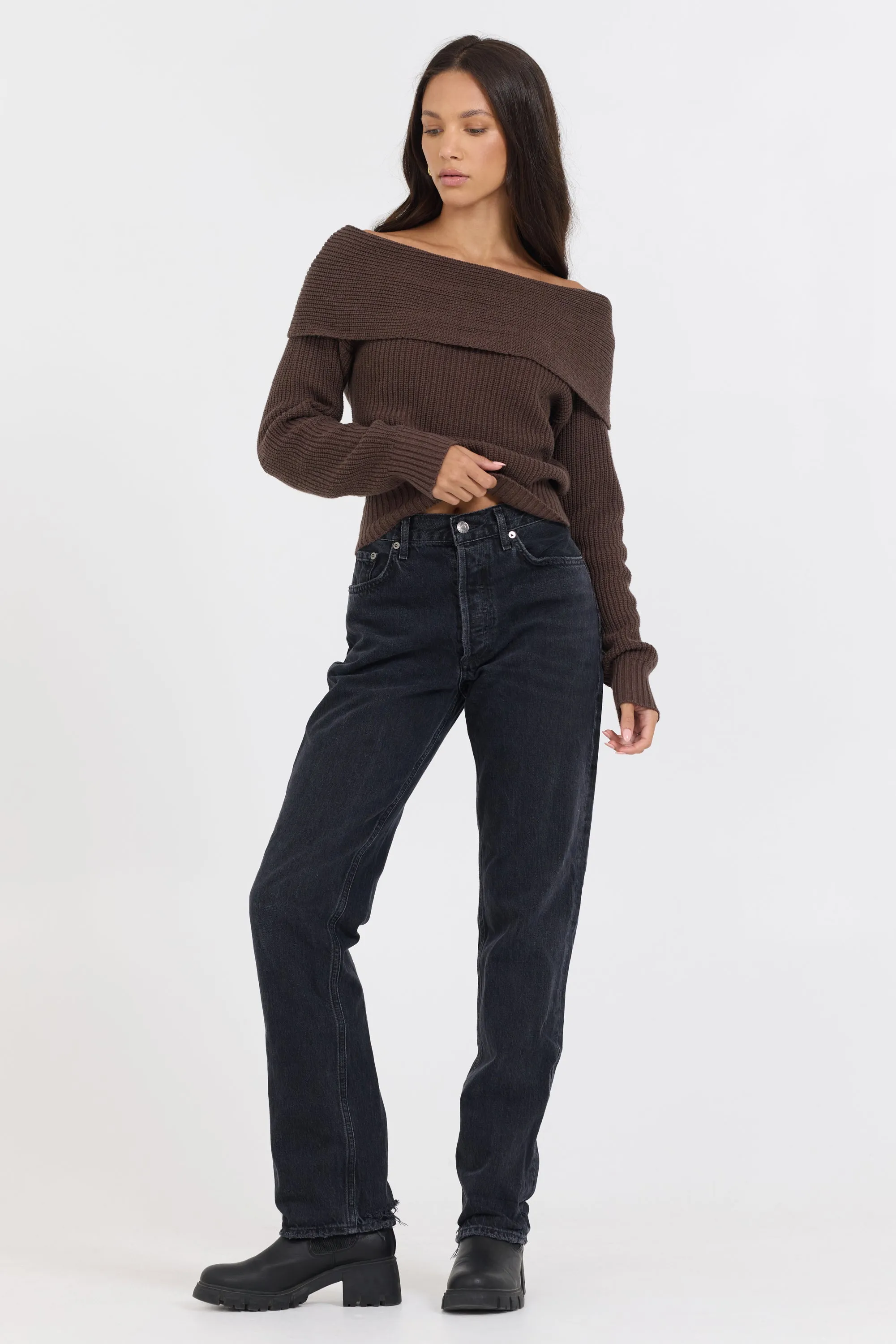 Espresso Off the Shoulder Zip Back Sweater