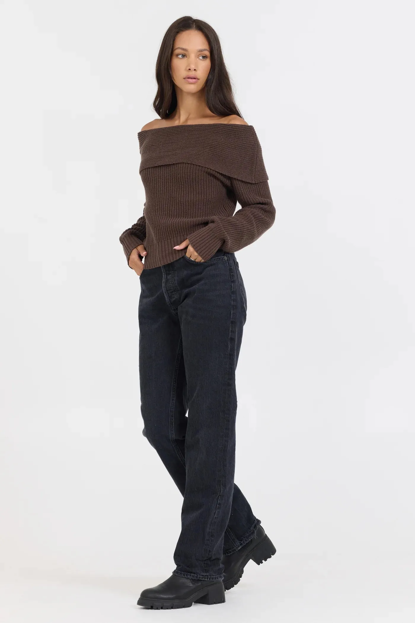 Espresso Off the Shoulder Zip Back Sweater