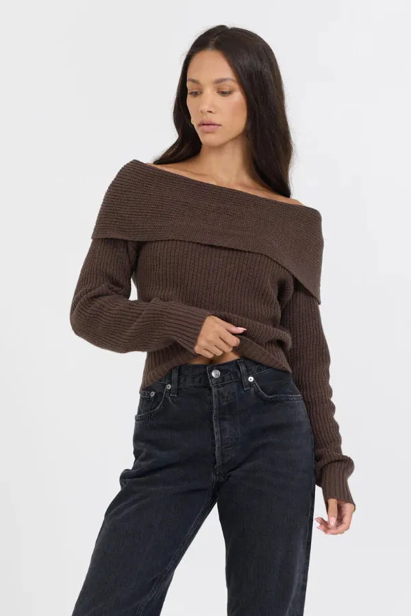 Espresso Off the Shoulder Zip Back Sweater