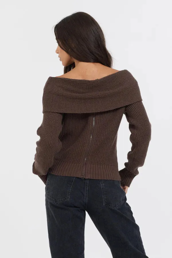 Espresso Off the Shoulder Zip Back Sweater