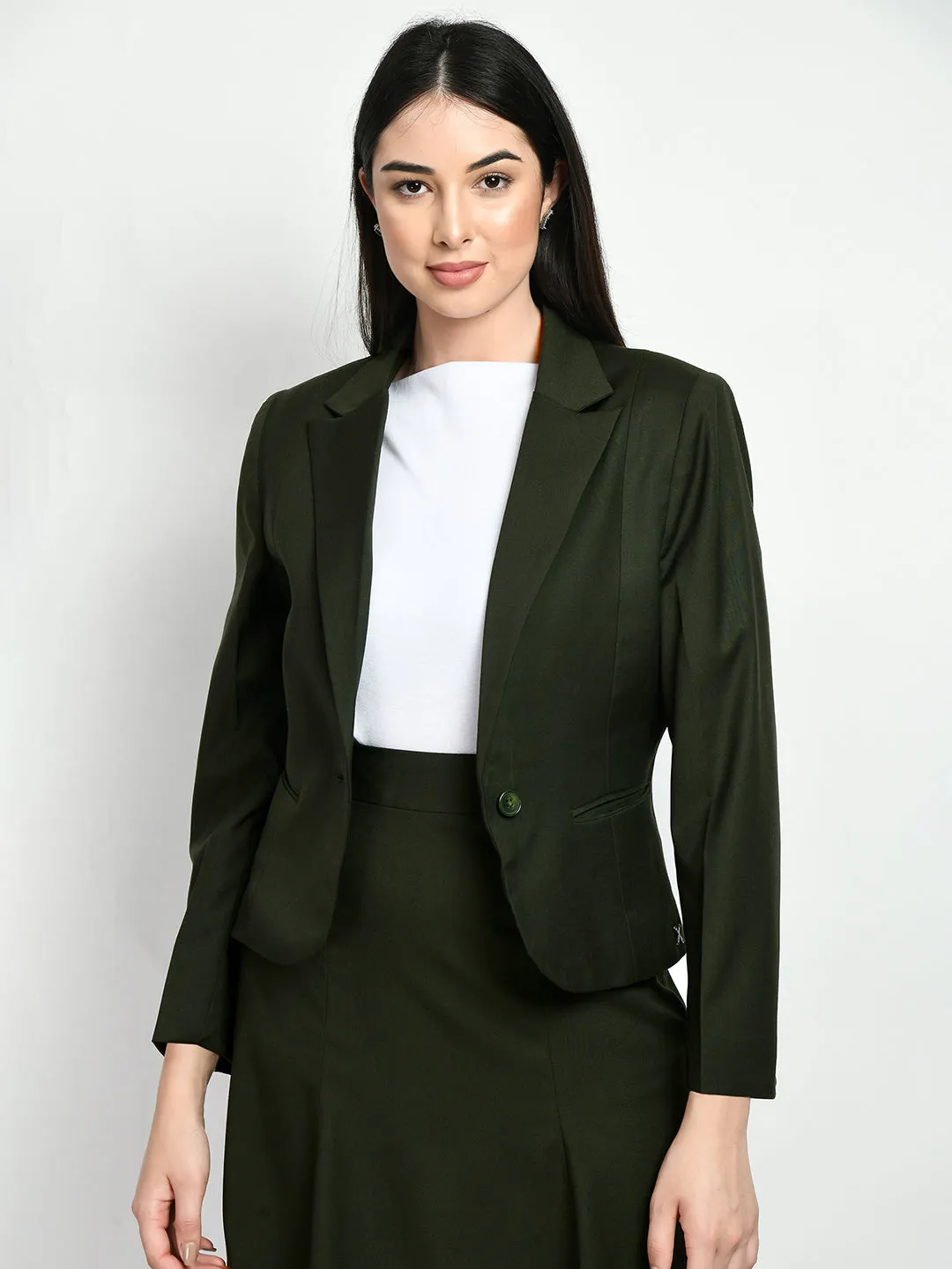 Exude Excellence Single Breasted Short Blazer (Olive)