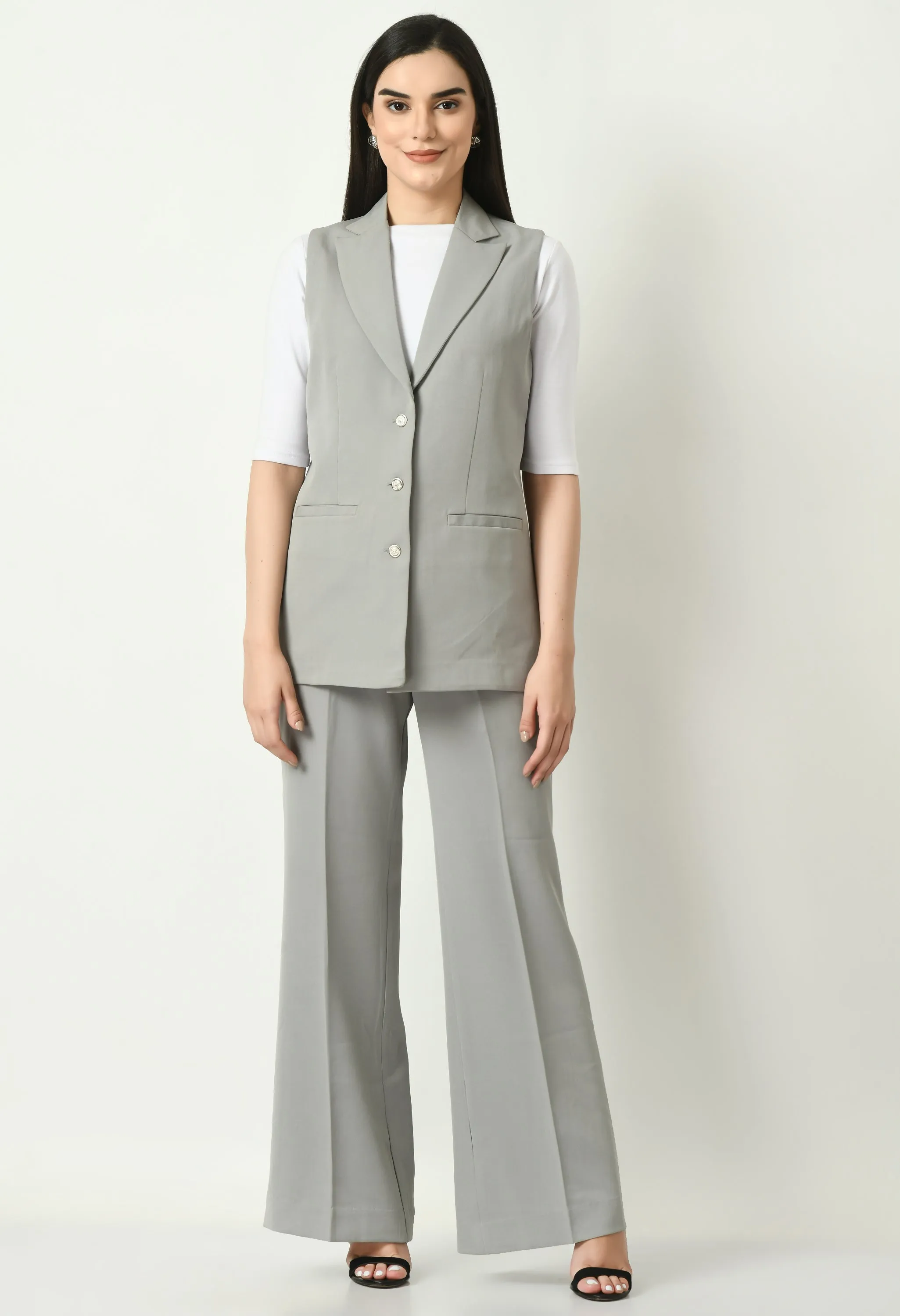 Exude Meridian Sleeveless Long Blazer (Grey)