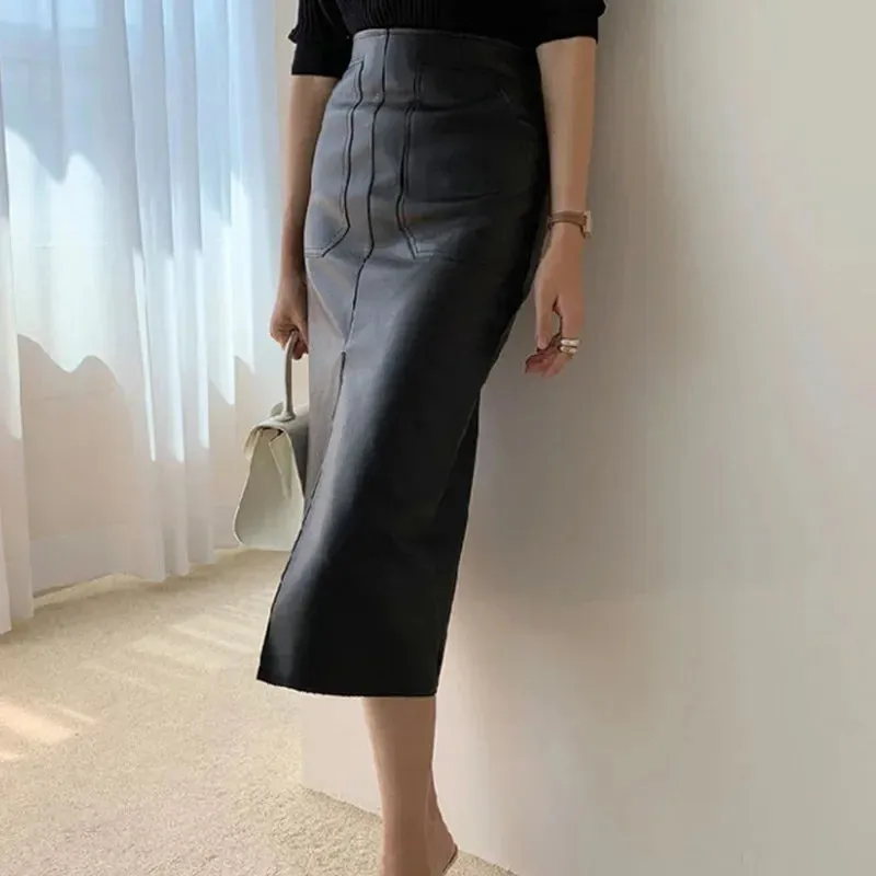 Fall Winter Chic Split Design Slim Straight Faux Leather Skirt