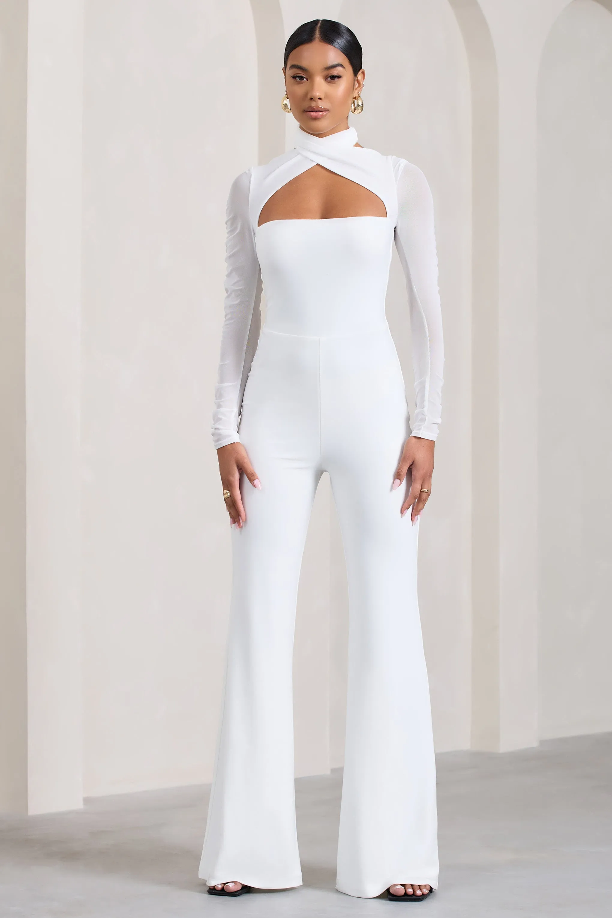 Fallon | White Flared-Leg Jumpsuit With Long Mesh Sleeves