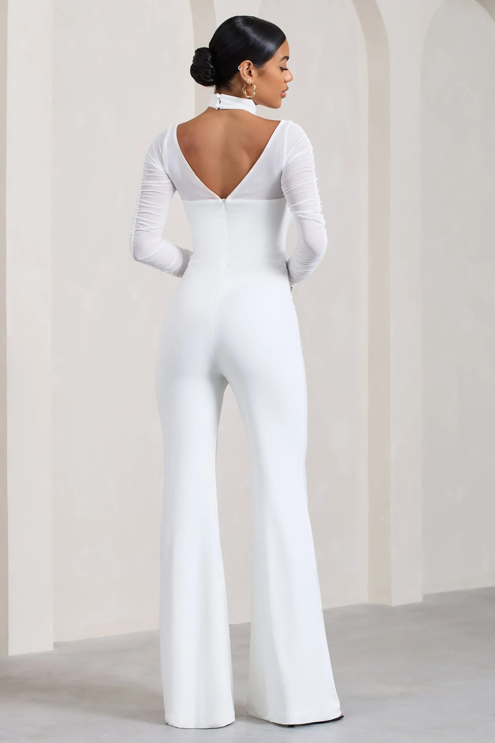 Fallon | White Flared-Leg Jumpsuit With Long Mesh Sleeves